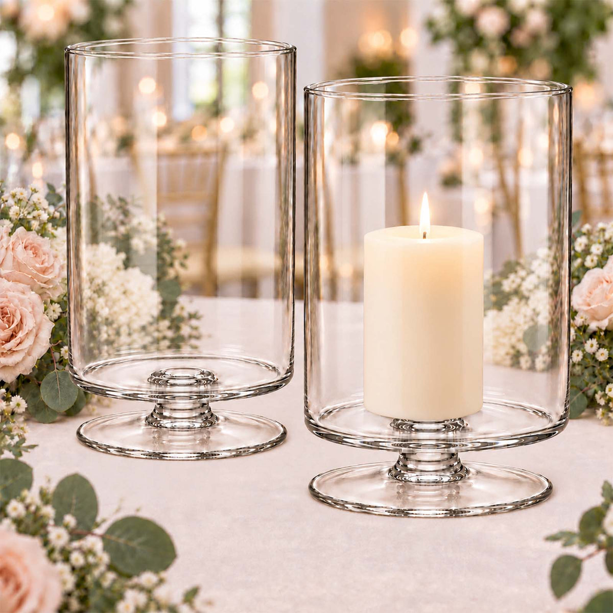 4 Pack Glass Hurricane Candle Holders Clear with Short Stem, 9" Tall for Pillar Candles