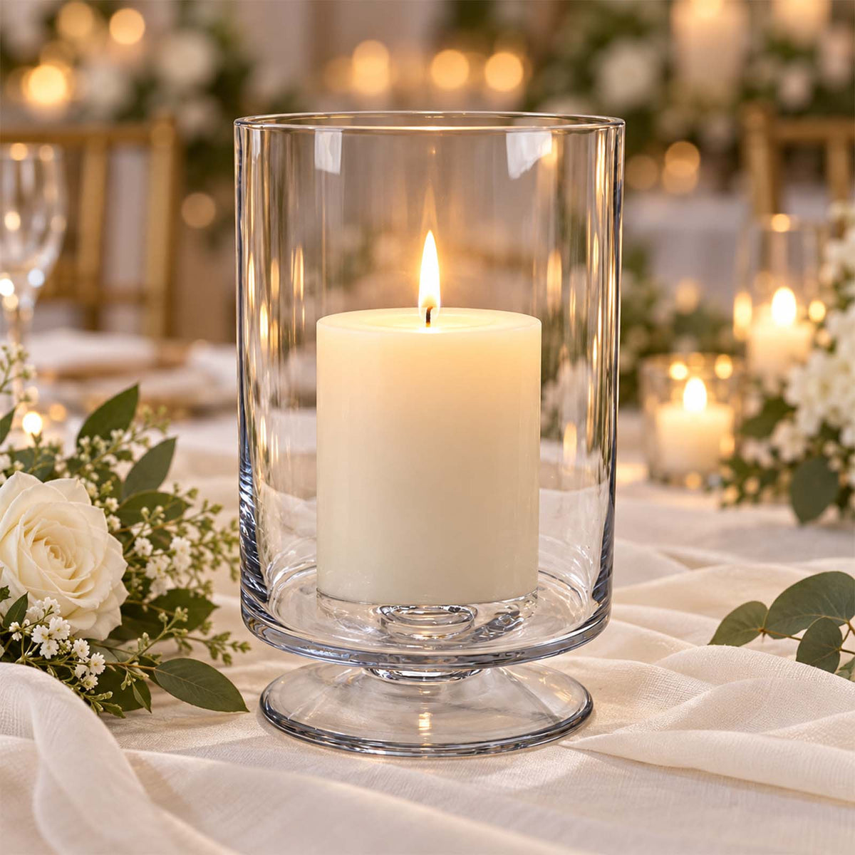 4 Pack Glass Hurricane Candle Holders Clear with Short Stem, 9" Tall for Pillar Candles