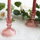 6 Pack Dusty Rose Diamond Pattern Glass Pillar Votive Candle Stands, 4" Reversible Crystal Taper Candlestick Holders