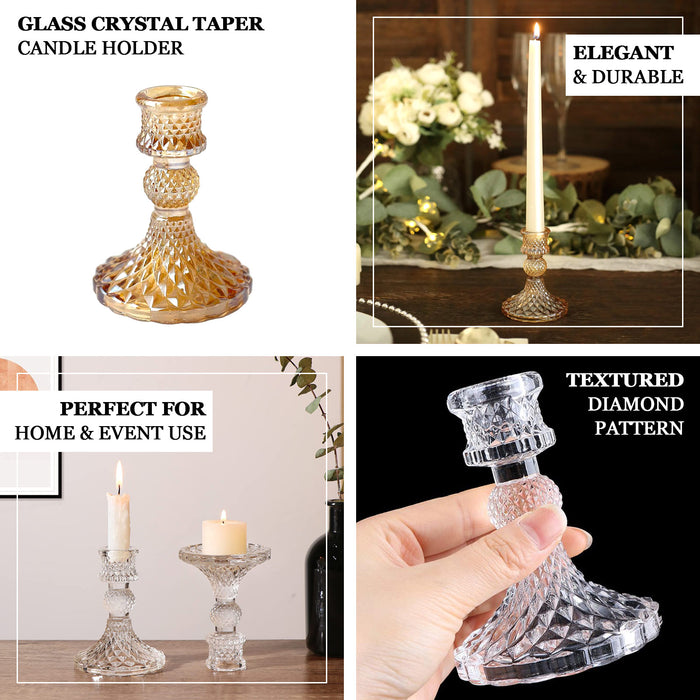 6 Pack | 4" Amber Gold Glass Diamond Pattern Taper Candlestick Holders, Reversible Crystal Pillar Votive Candle Stands