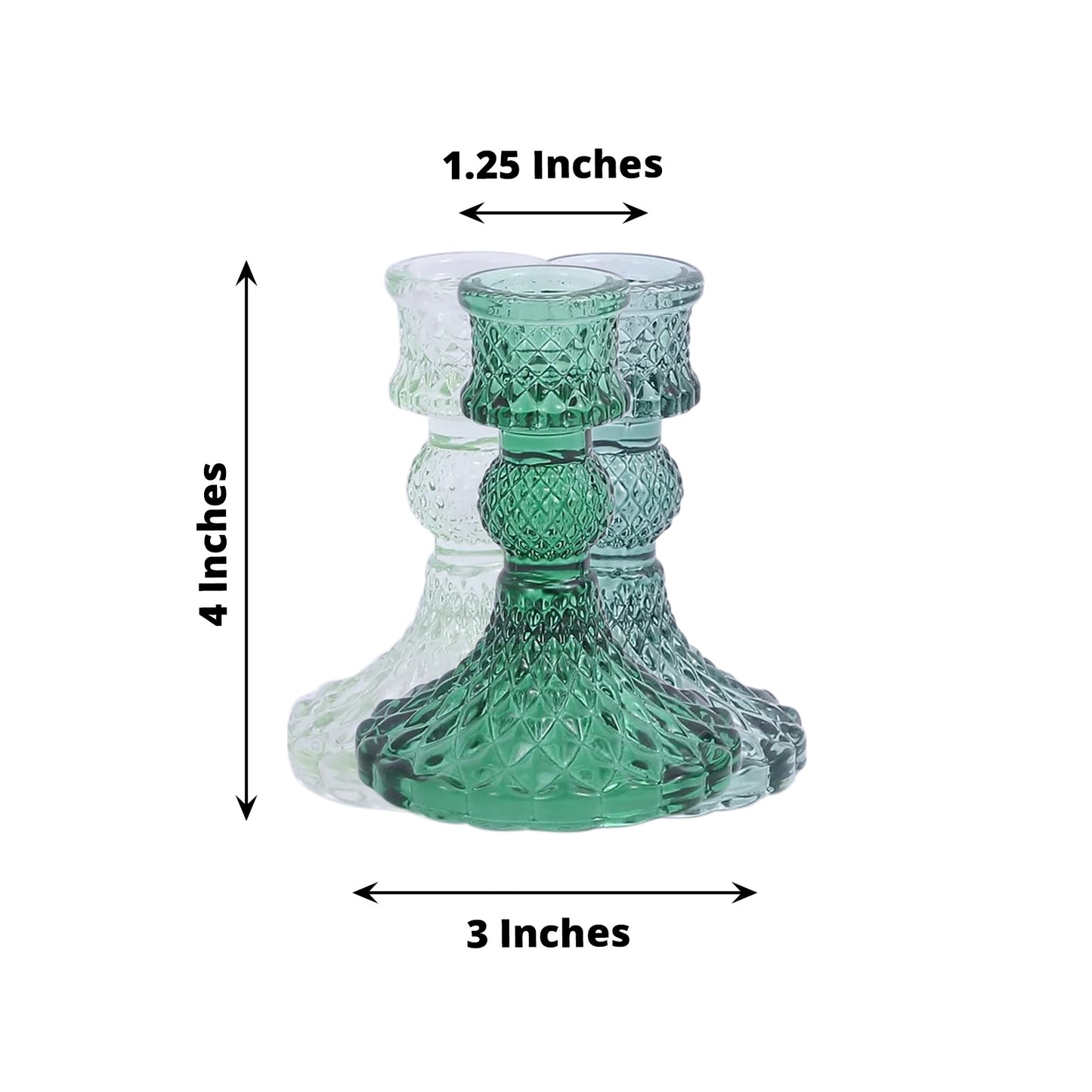 6 Pack Assorted Green Diamond Pattern Glass Pillar Votive Candle Stands, 4" Reversible Crystal Taper Candlestick Holders