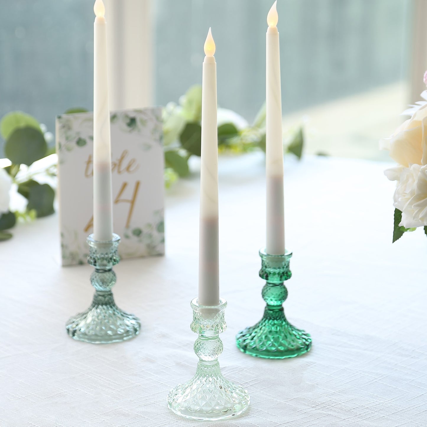 6 Pack Assorted Green Diamond Pattern Glass Pillar Votive Candle Stands, 4" Reversible Crystal Taper Candlestick Holders