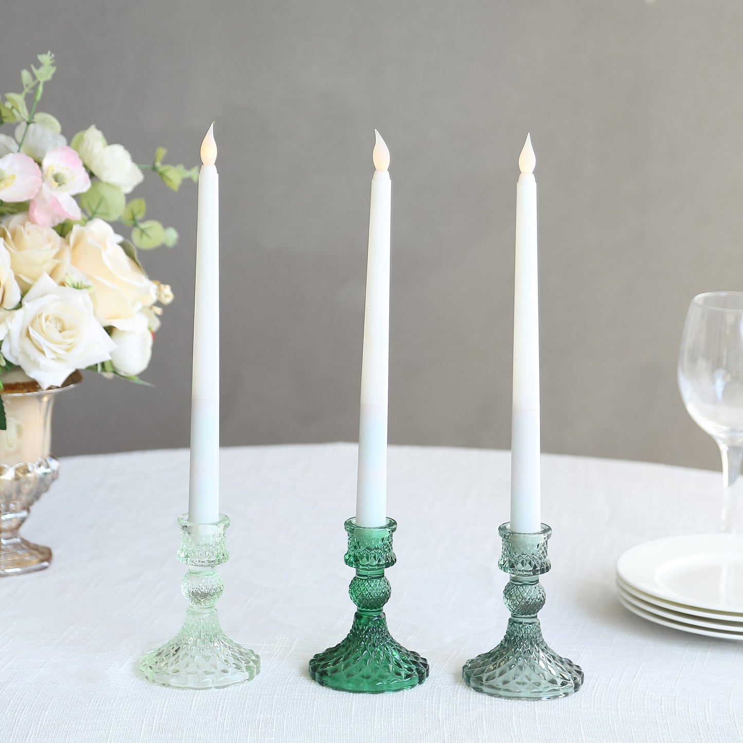 6 Pack Assorted Green Diamond Pattern Glass Pillar Votive Candle Stands, 4" Reversible Crystal Taper Candlestick Holders