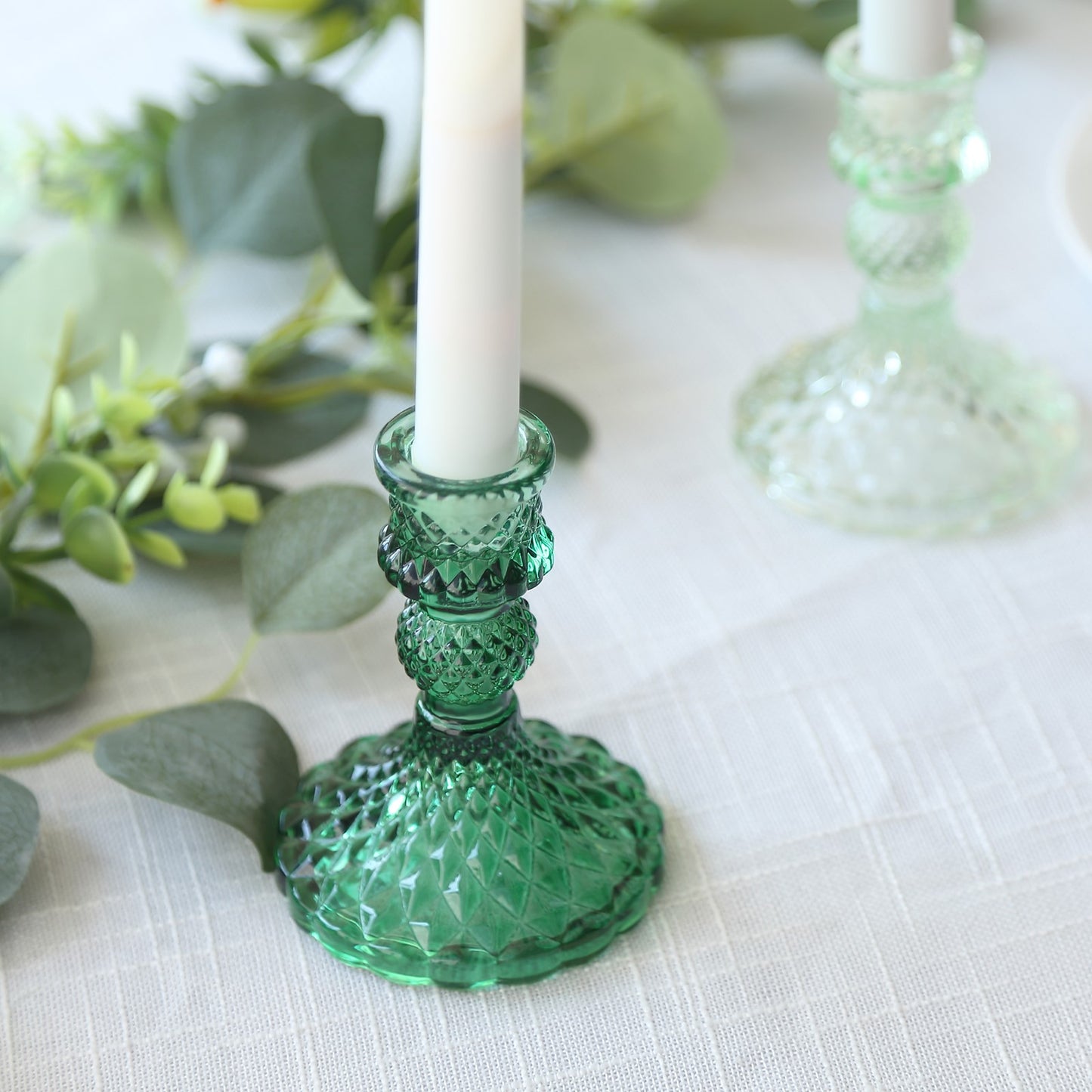 6 Pack Assorted Green Diamond Pattern Glass Pillar Votive Candle Stands, 4" Reversible Crystal Taper Candlestick Holders