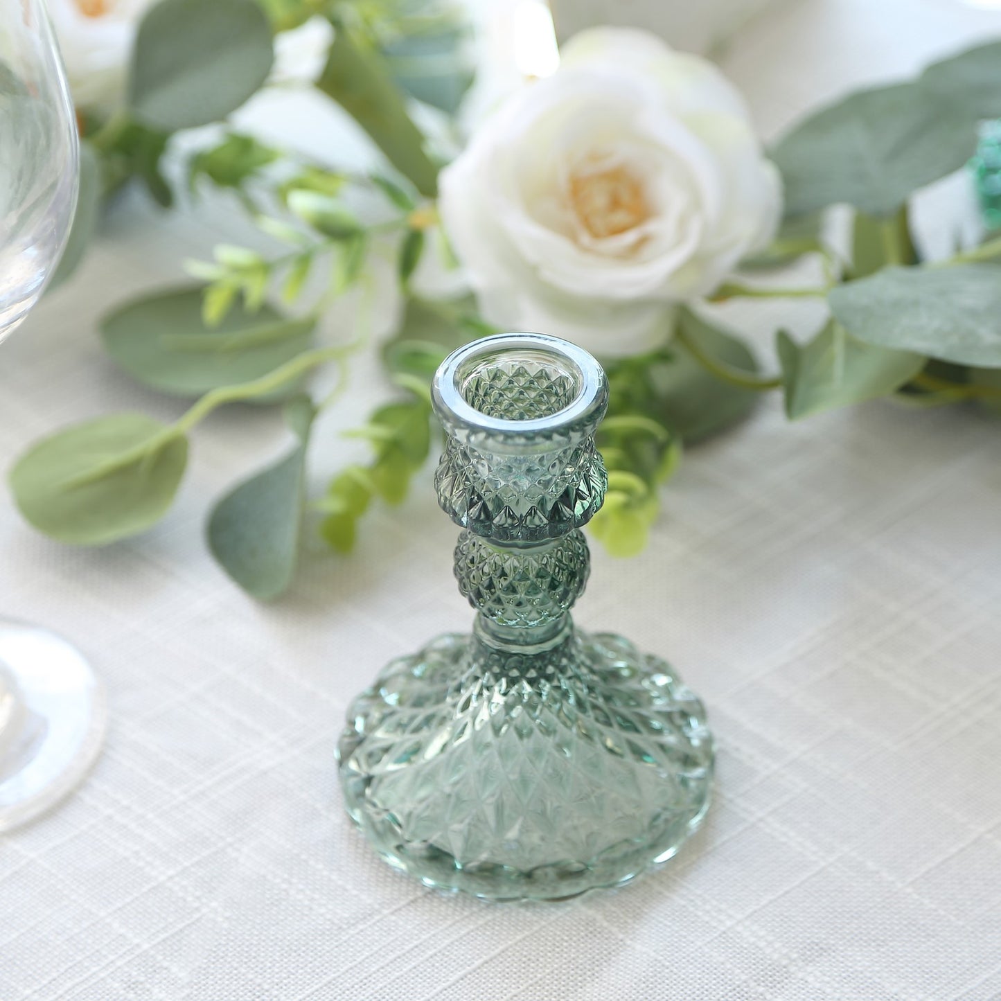 6 Pack Assorted Green Diamond Pattern Glass Pillar Votive Candle Stands, 4" Reversible Crystal Taper Candlestick Holders