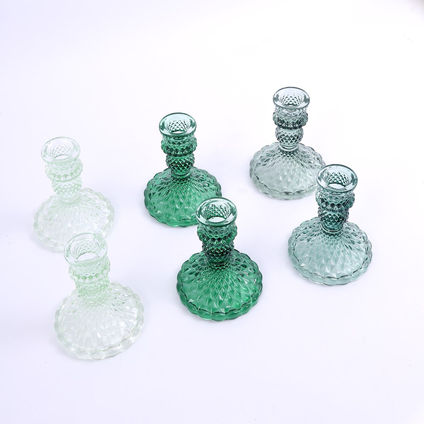 6 Pack Assorted Green Diamond Pattern Glass Pillar Votive Candle Stands, 4" Reversible Crystal Taper Candlestick Holders