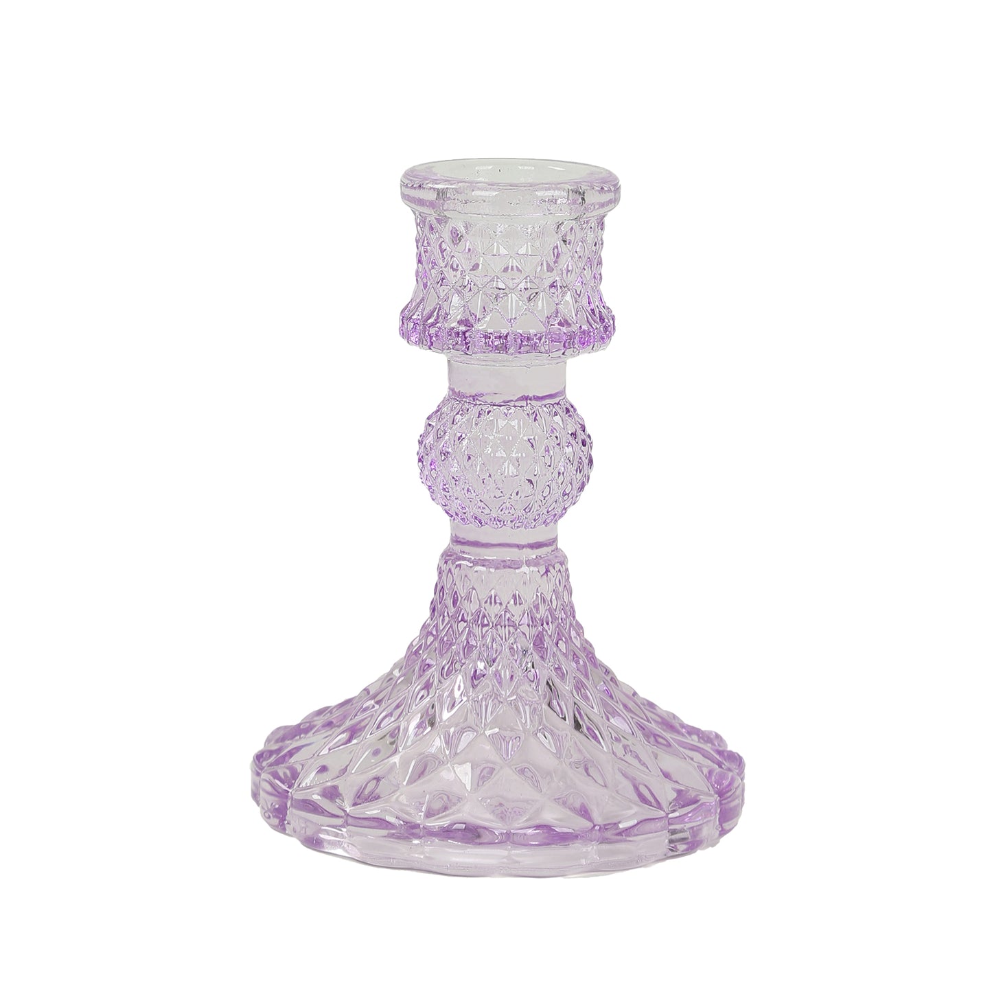 6 Pack Glass Pillar Votive Candle Stands with Diamond Pattern, Reversible Crystal Taper Candlestick Holders, Lavender Lilac - 4"