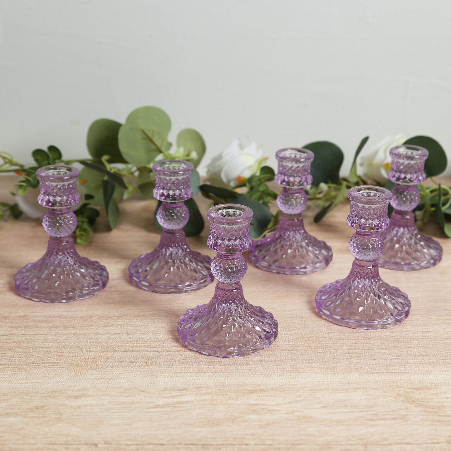 6 Pack Glass Pillar Votive Candle Stands with Diamond Pattern, Reversible Crystal Taper Candlestick Holders, Lavender Lilac - 4"