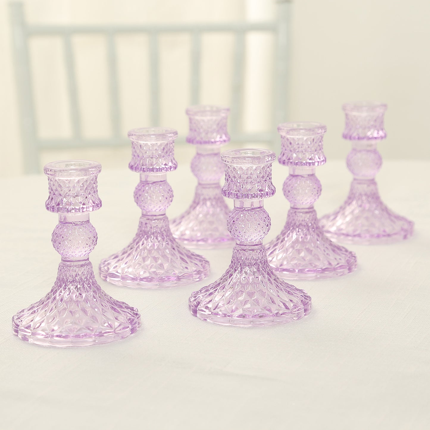 6 Pack Glass Pillar Votive Candle Stands with Diamond Pattern, Reversible Crystal Taper Candlestick Holders, Lavender Lilac - 4"