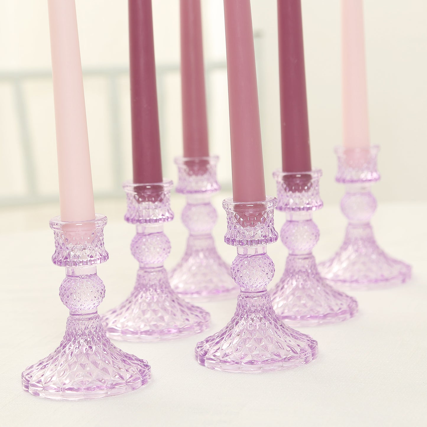 6 Pack Glass Pillar Votive Candle Stands with Diamond Pattern, Reversible Crystal Taper Candlestick Holders, Lavender Lilac - 4"
