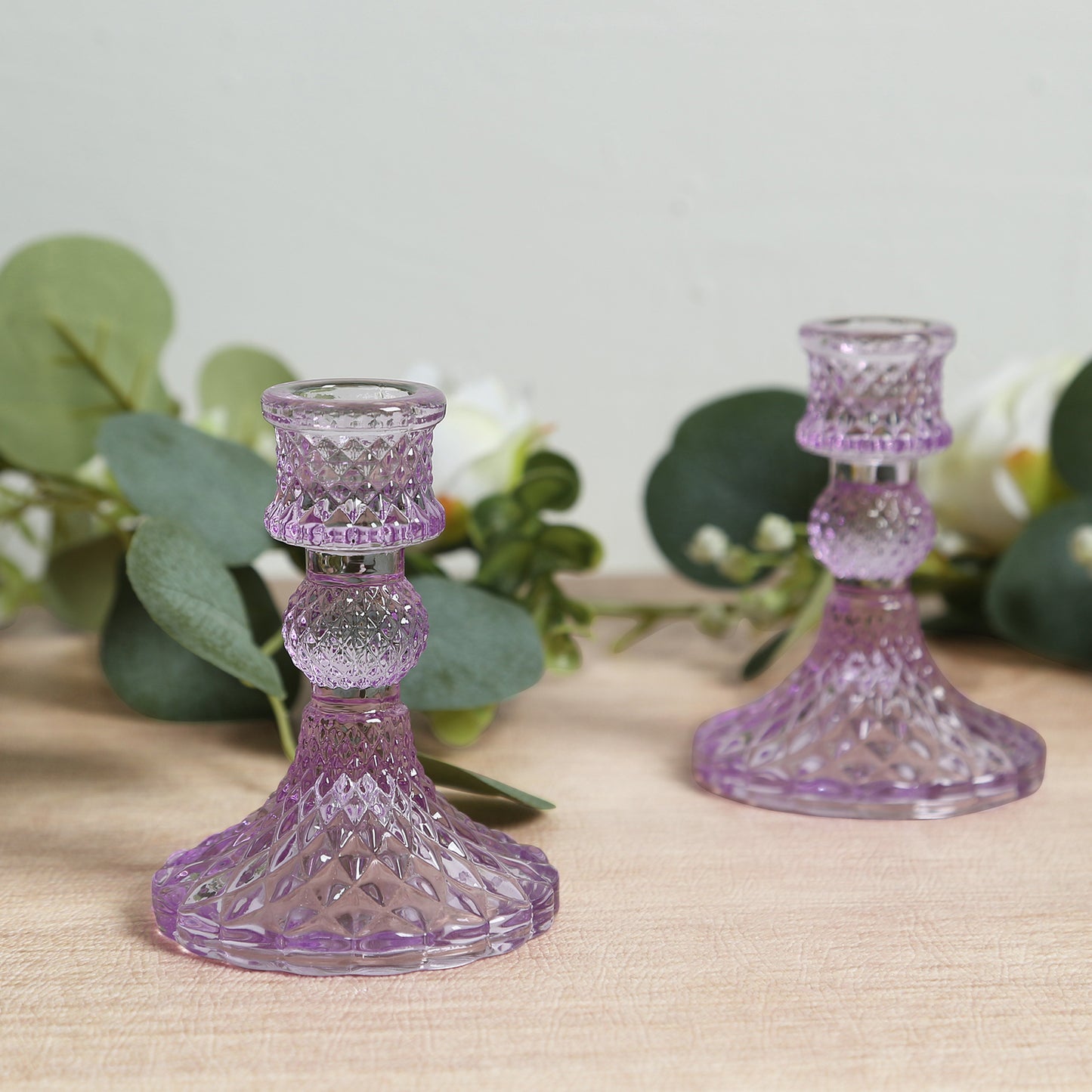 6 Pack Glass Pillar Votive Candle Stands with Diamond Pattern, Reversible Crystal Taper Candlestick Holders, Lavender Lilac - 4"