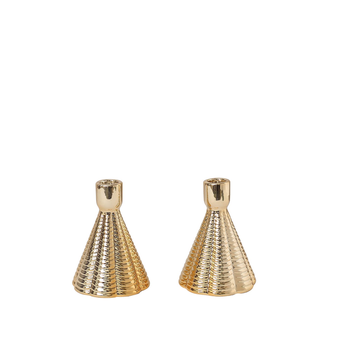 Metallic gold ribbed ceramic taper candle holders, cone shaped.