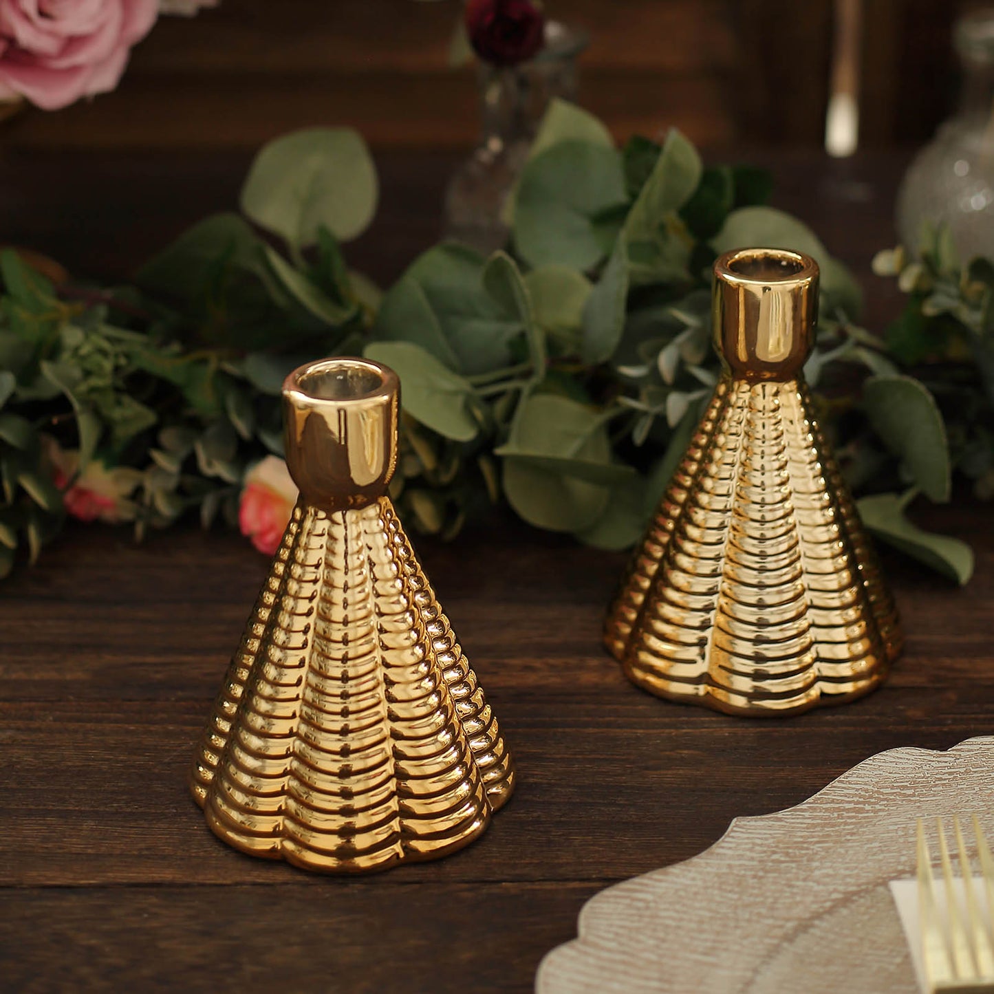 5" Metallic Gold Ribbed Cone Shaped Candle Holders - Set of 3
