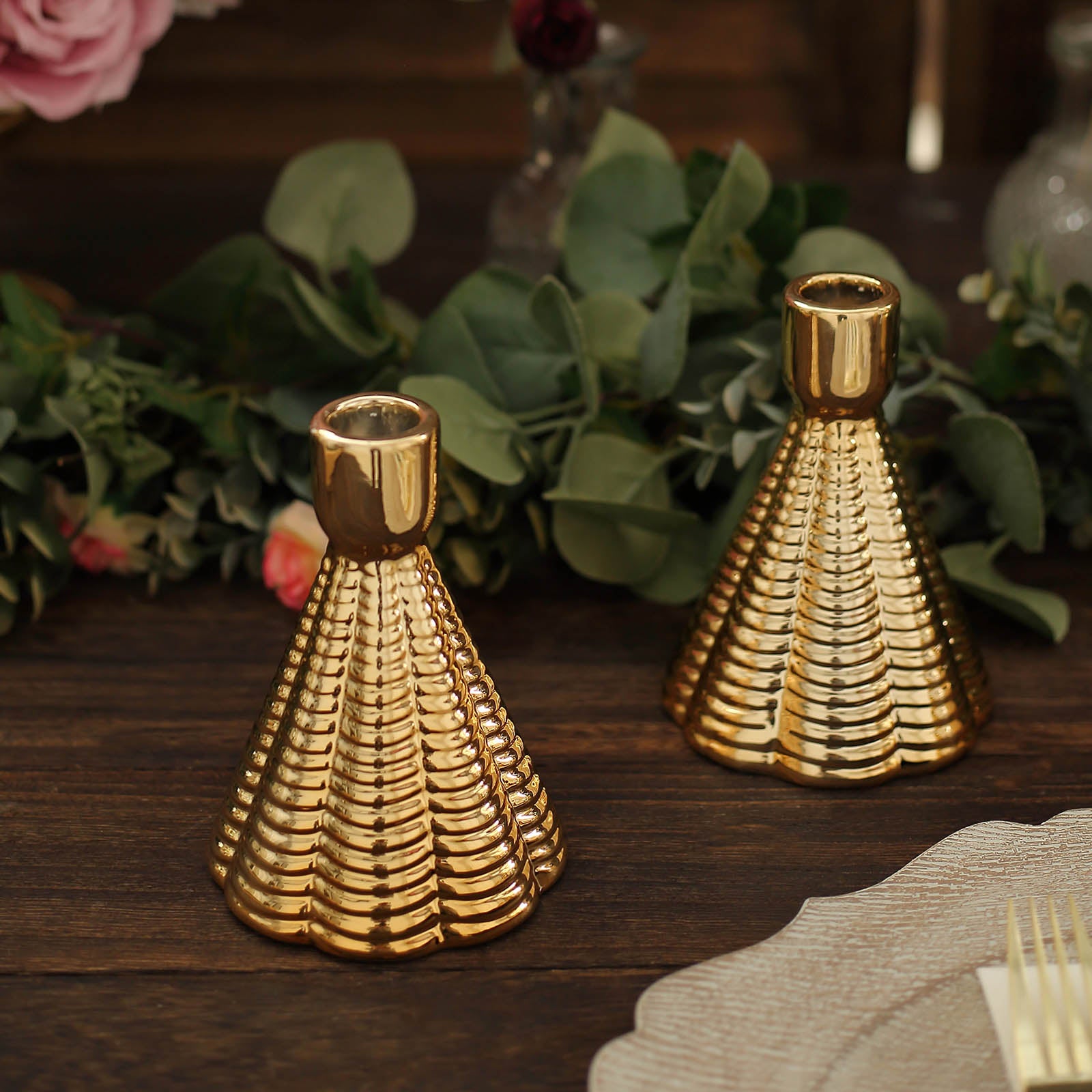 5" Metallic Gold Ribbed Cone Shaped Candle Holders - Set of 3