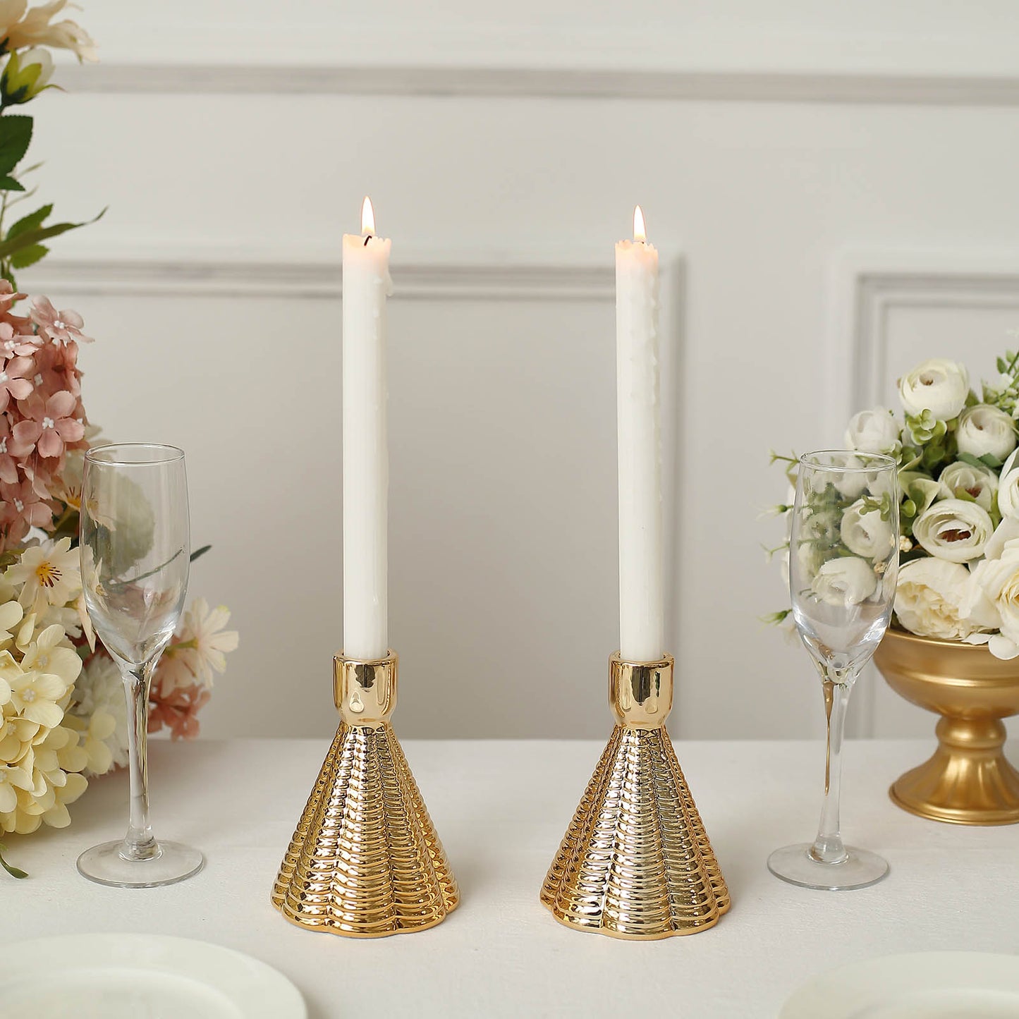 5" Metallic Gold Ribbed Ceramic Taper Candle Holders, Cone Shaped.