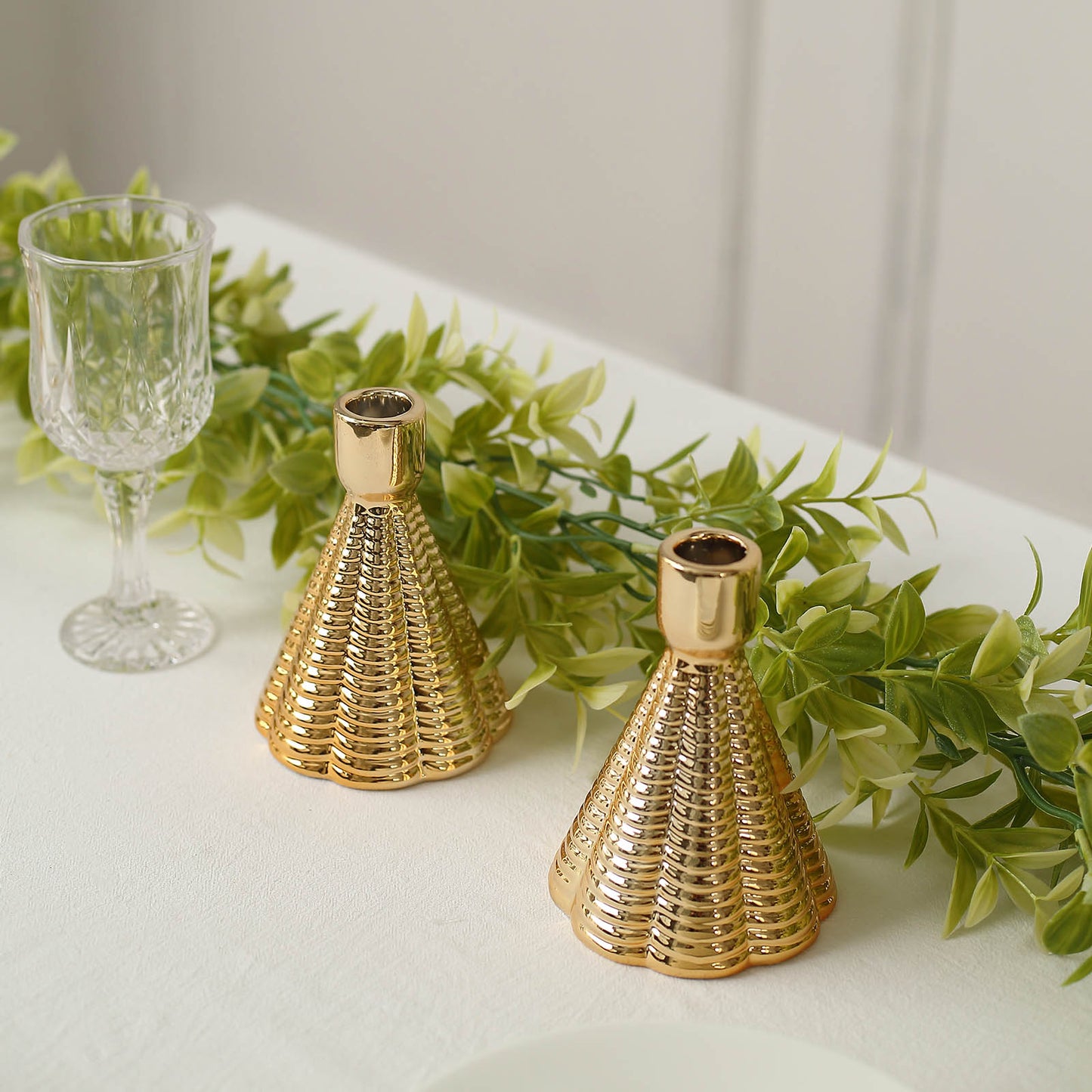 5" Metallic Gold Ribbed Ceramic Taper Candle Holders, Cone Shaped Stands