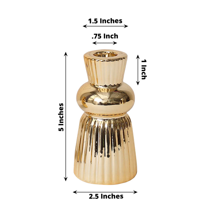 5" Metallic Gold Fluted Ball Neck Ceramic Taper Candle Holder