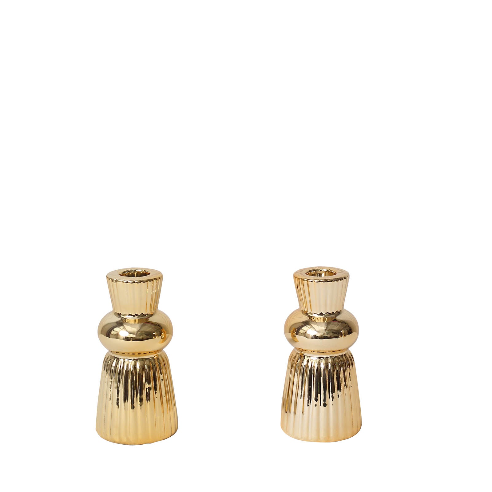Metallic gold fluted ball neck ceramic taper candle holders, set of three.