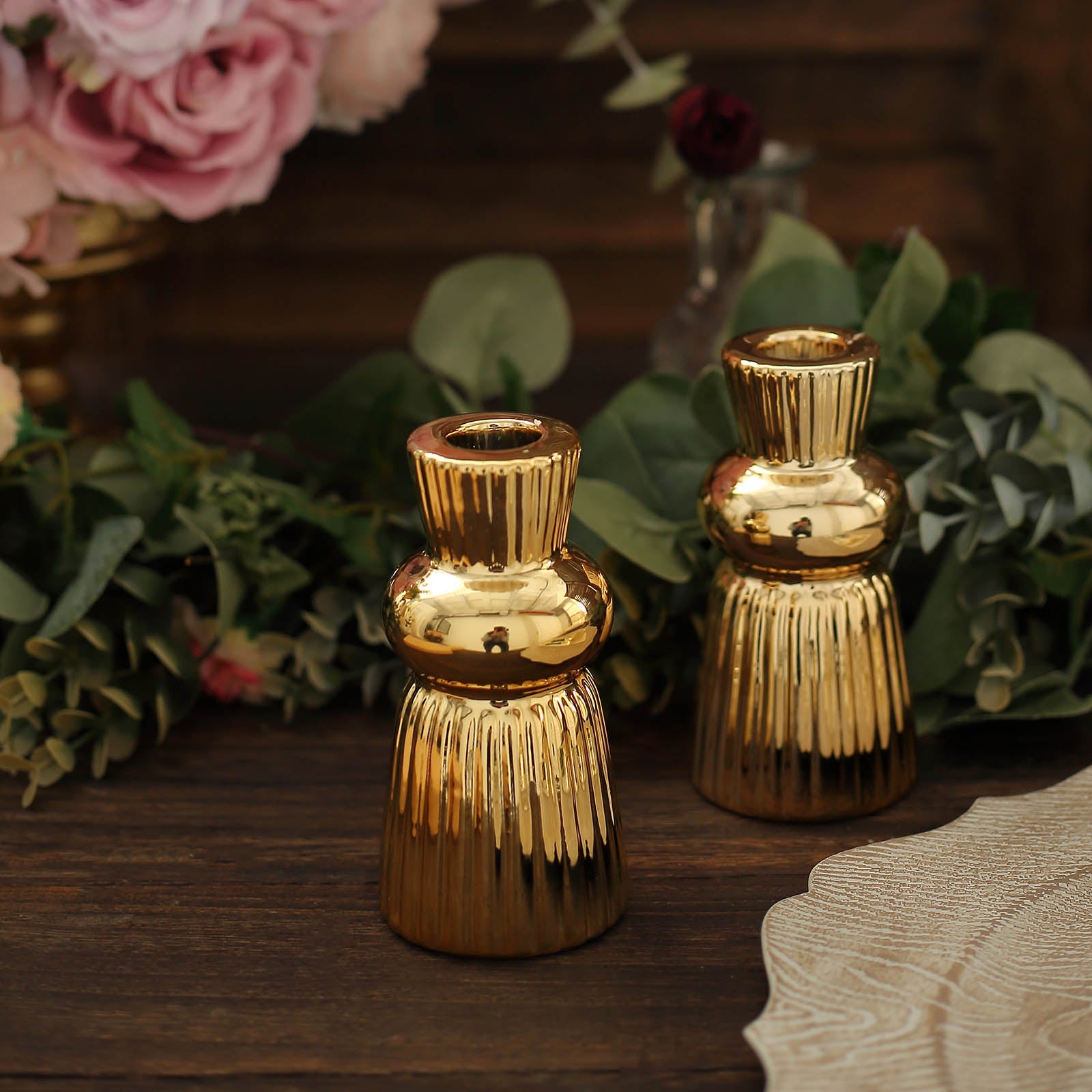 5" Metallic Gold Fluted Ball Neck Ceramic Candle Holders