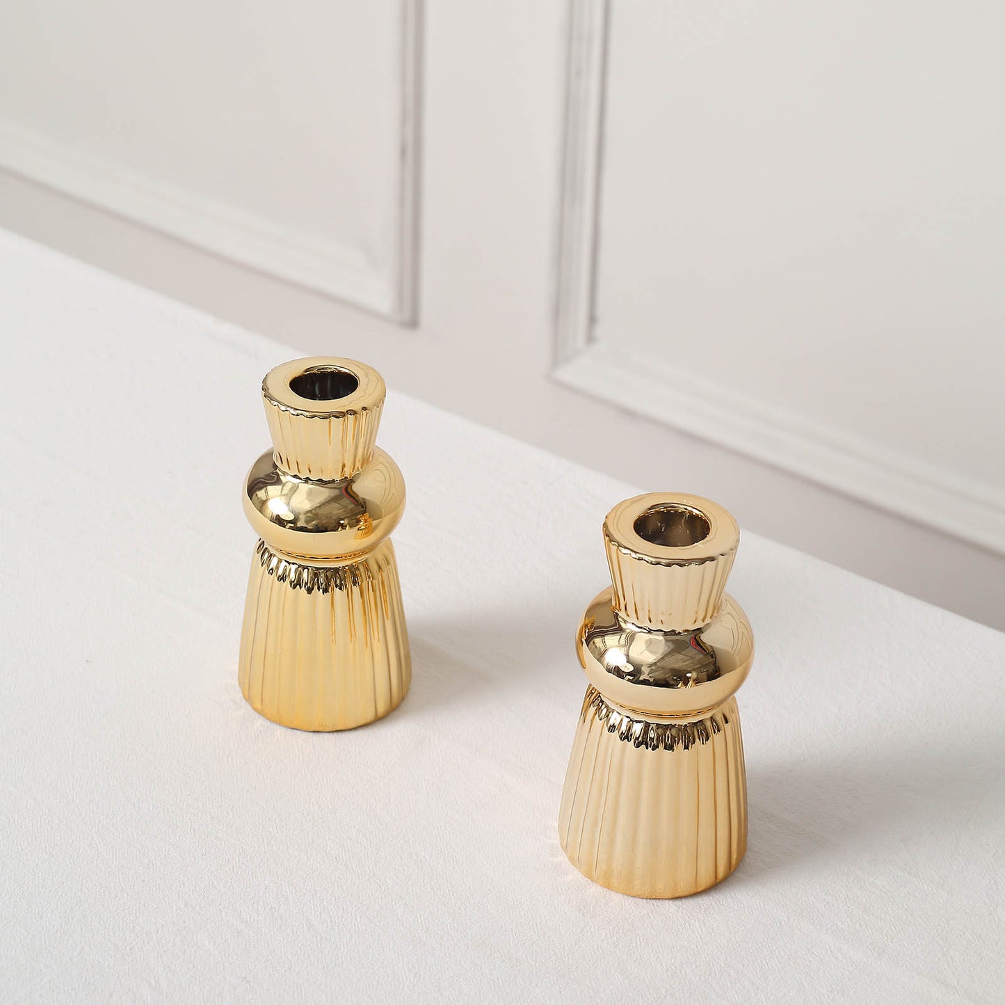 5" Metallic Gold Fluted Ball Neck Ceramic Taper Candle Holders, 3 Pack