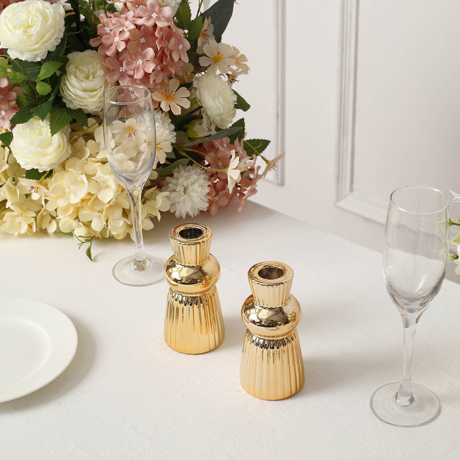 5" Metallic Gold Fluted Ball Neck Ceramic Taper Candle Holders