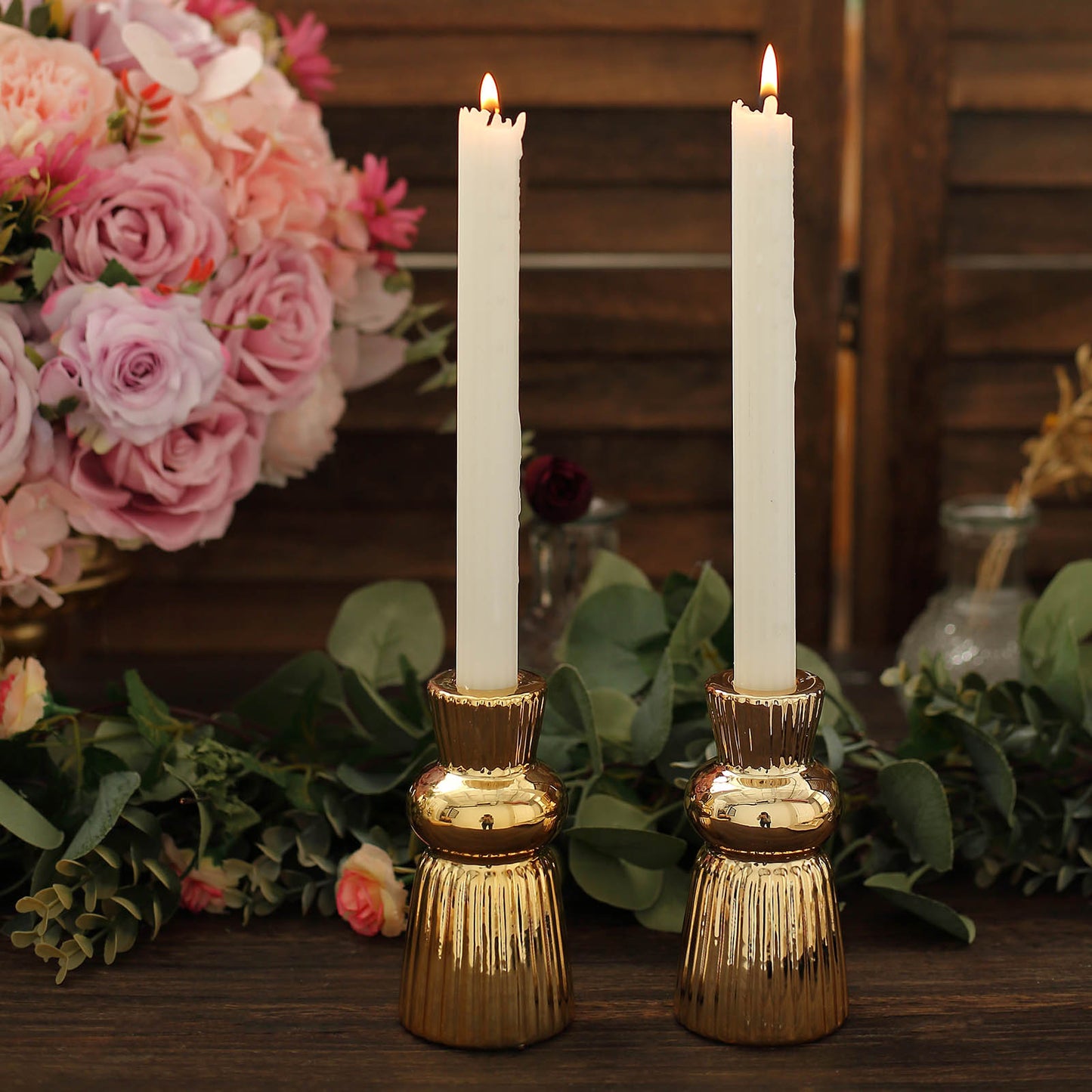 5" Metallic Gold Fluted Ball Neck Candle Holders with White Taper Candles