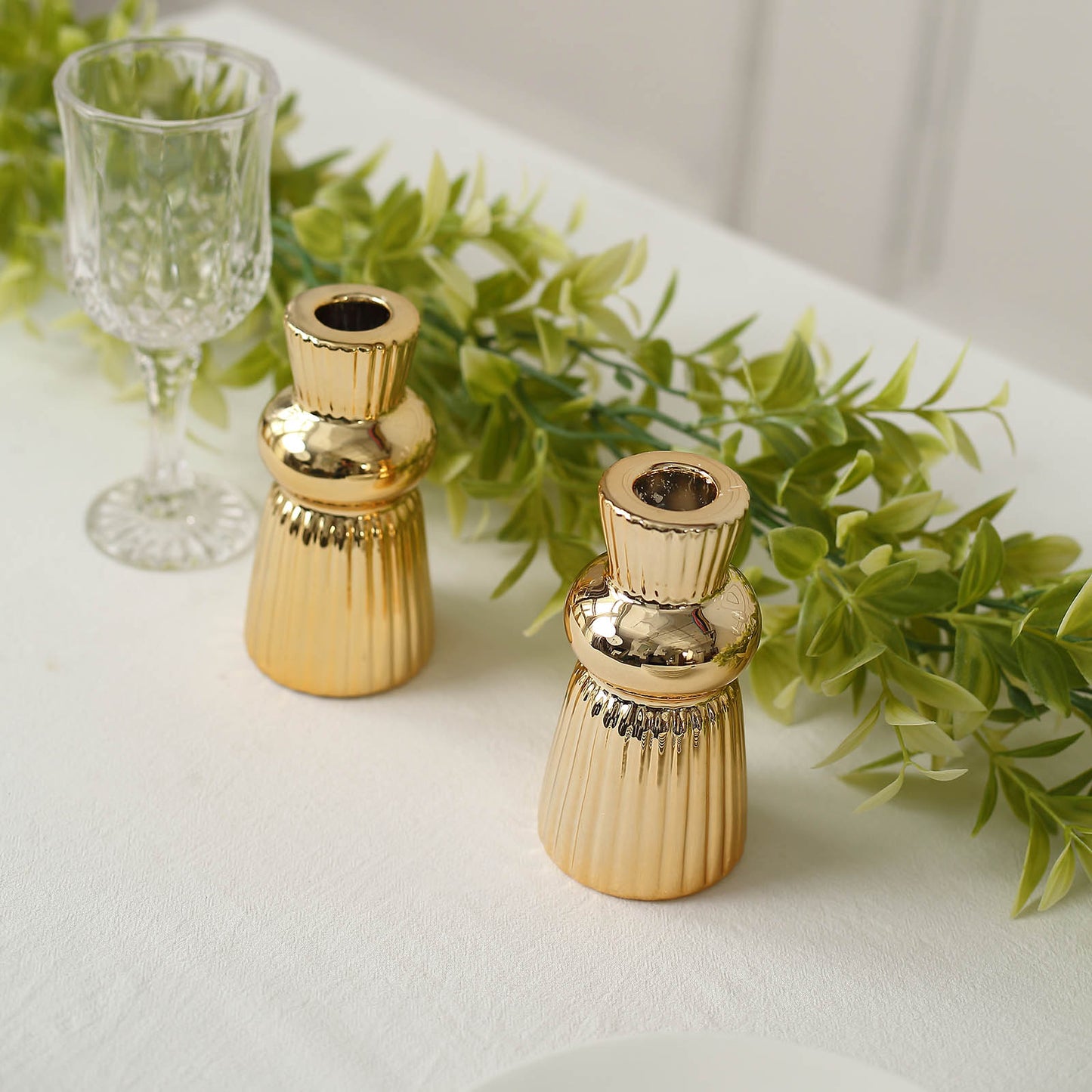 5" Metallic Gold Fluted Ball Neck Ceramic Taper Candle Holders