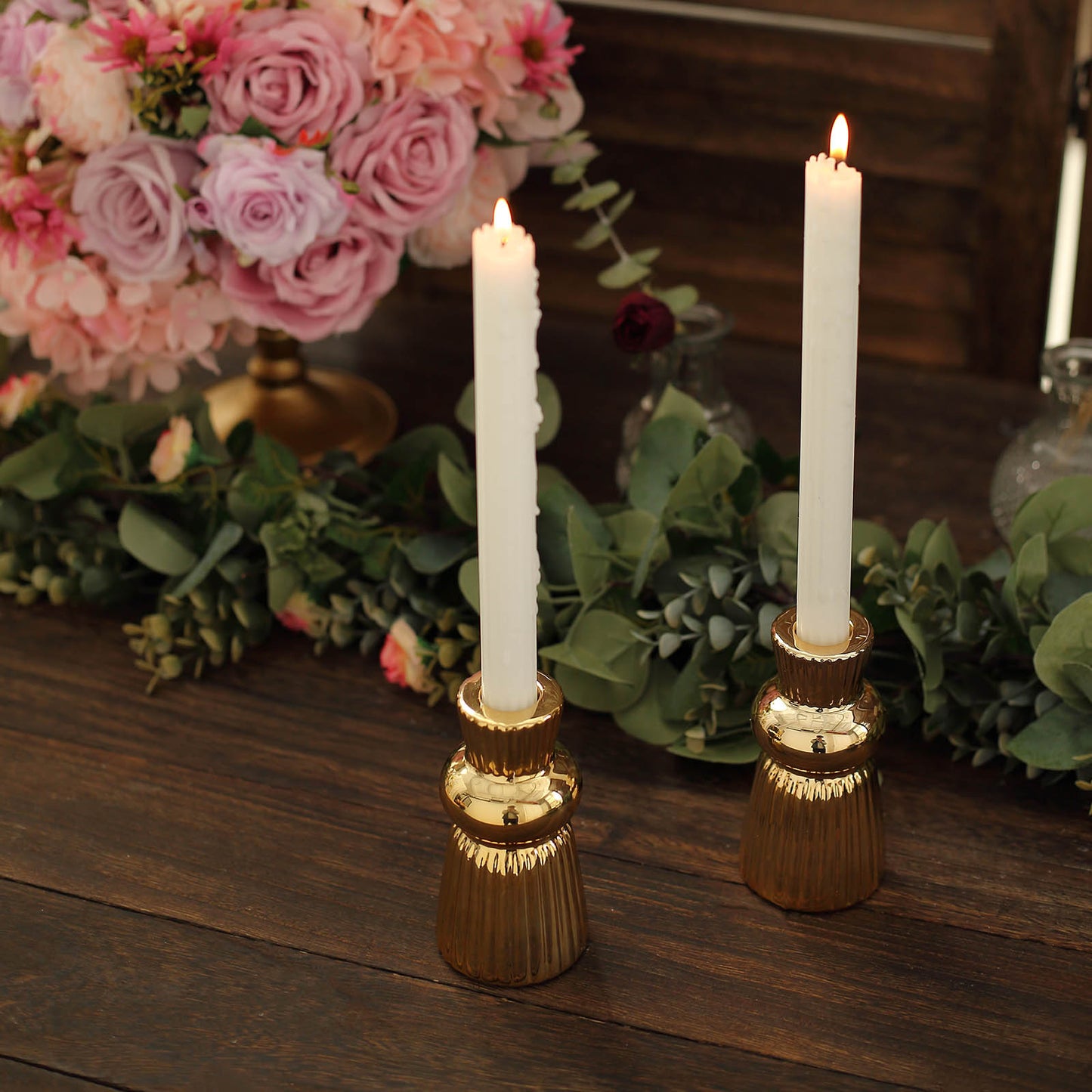 5" Metallic Gold Fluted Ball Neck Ceramic Taper Candle Holders with candles