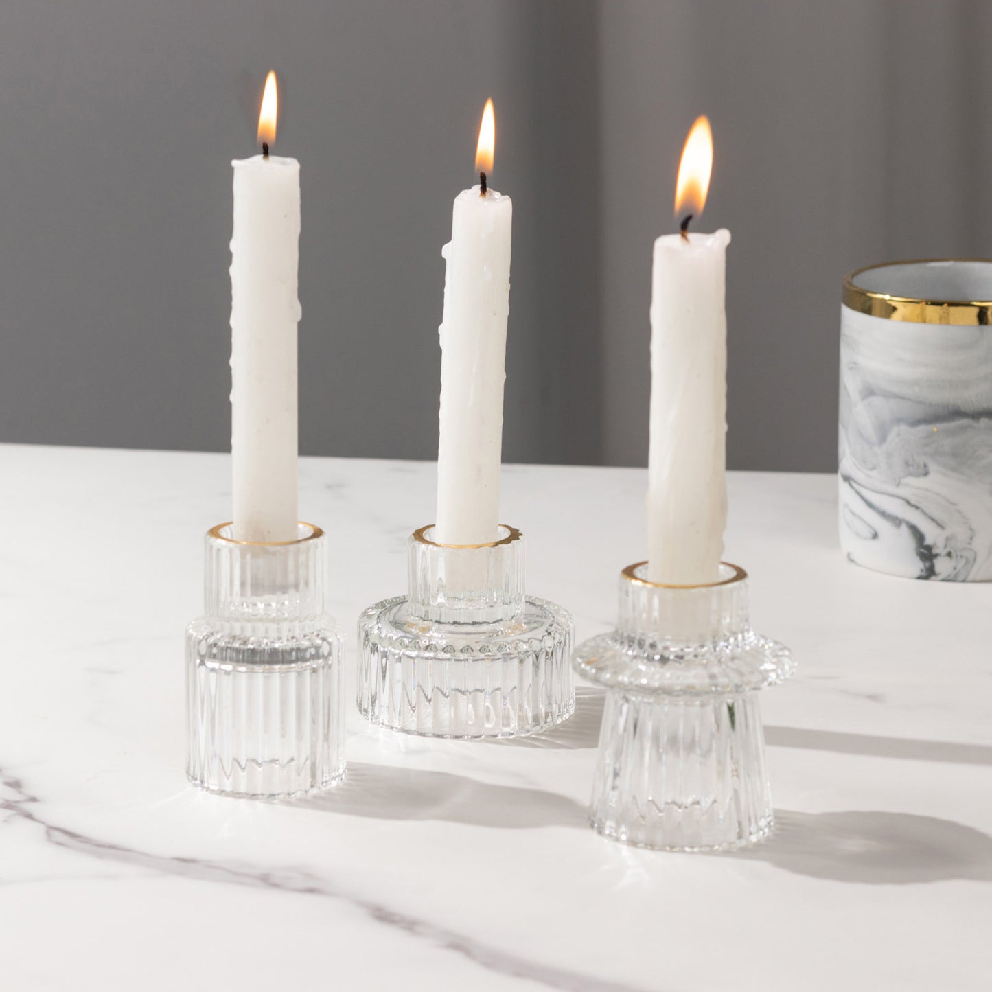 Set of 6 Clear Ribbed Crystal Glass 3" Taper Candle Holders With Gold Rim, Reversible Mini Votive Tealight Candle Stands