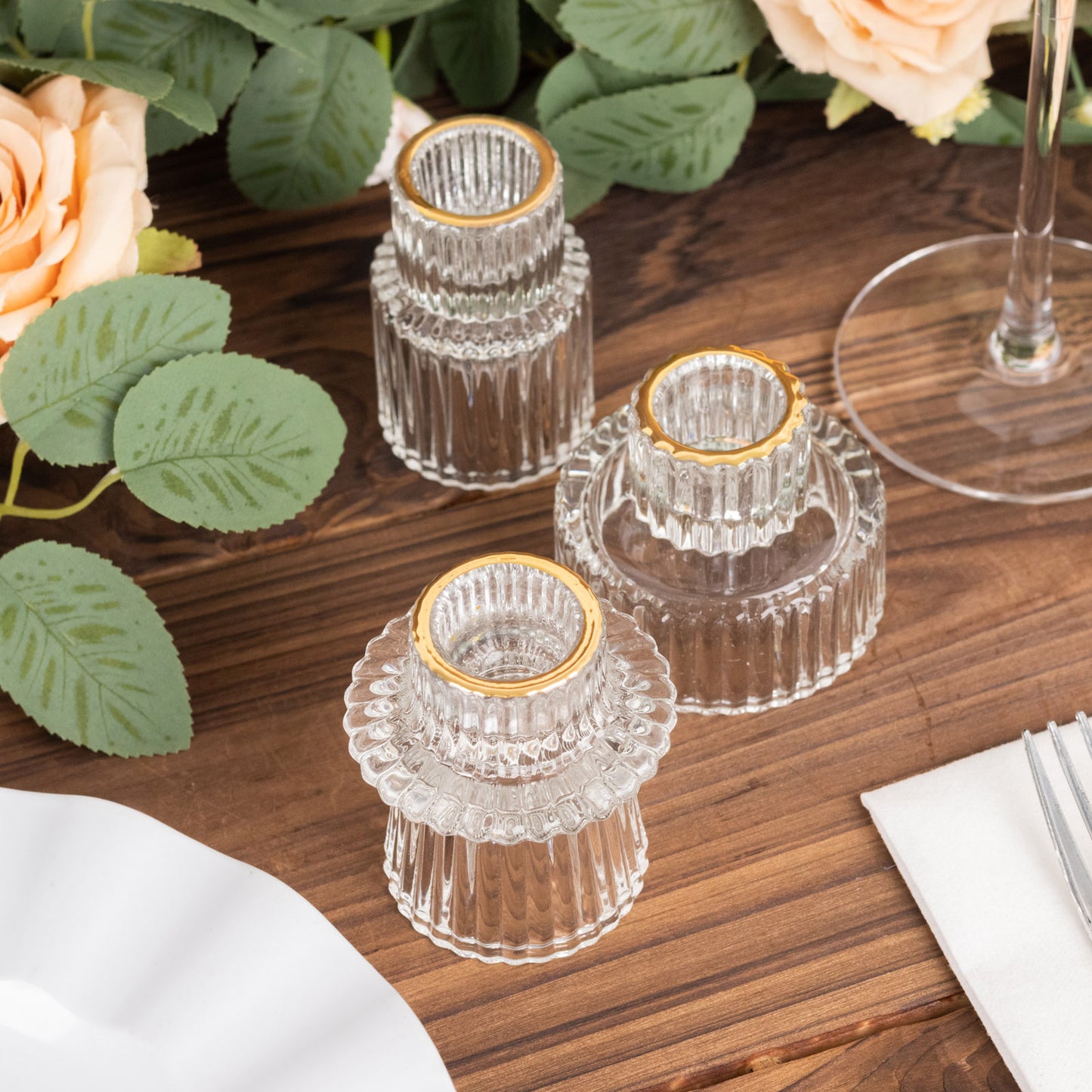 Set of 6 Clear Ribbed Crystal Glass 3" Taper Candle Holders With Gold Rim, Reversible Mini Votive Tealight Candle Stands