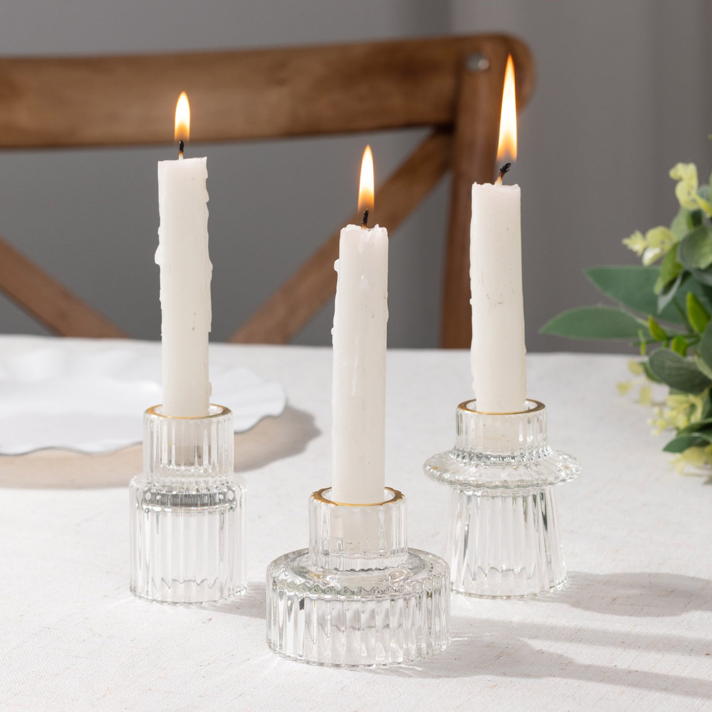 Set of 6 Clear Ribbed Crystal Glass 3" Taper Candle Holders With Gold Rim, Reversible Mini Votive Tealight Candle Stands