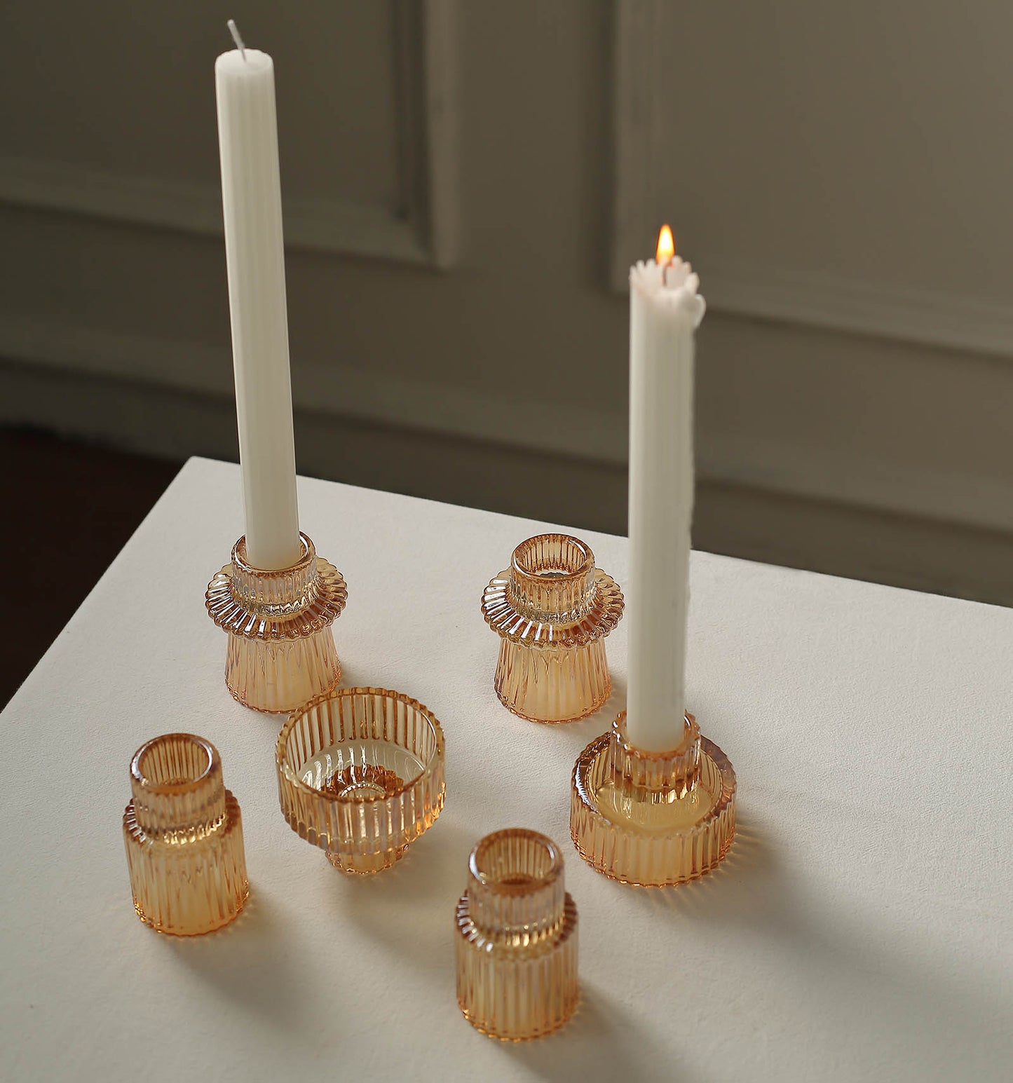 Set of 6 Amber Gold Ribbed Crystal Glass 3" Taper Candle Holders, Reversible Mini Votive Tealight Candle Stands