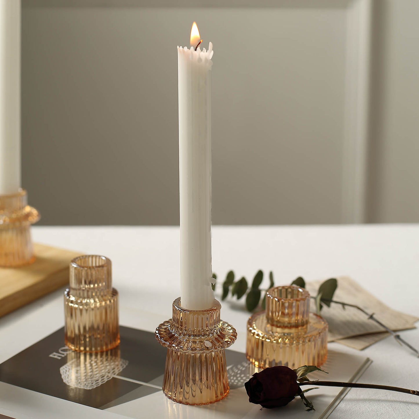 Set of 6 Amber Gold Ribbed Crystal Glass 3" Taper Candle Holders, Reversible Mini Votive Tealight Candle Stands