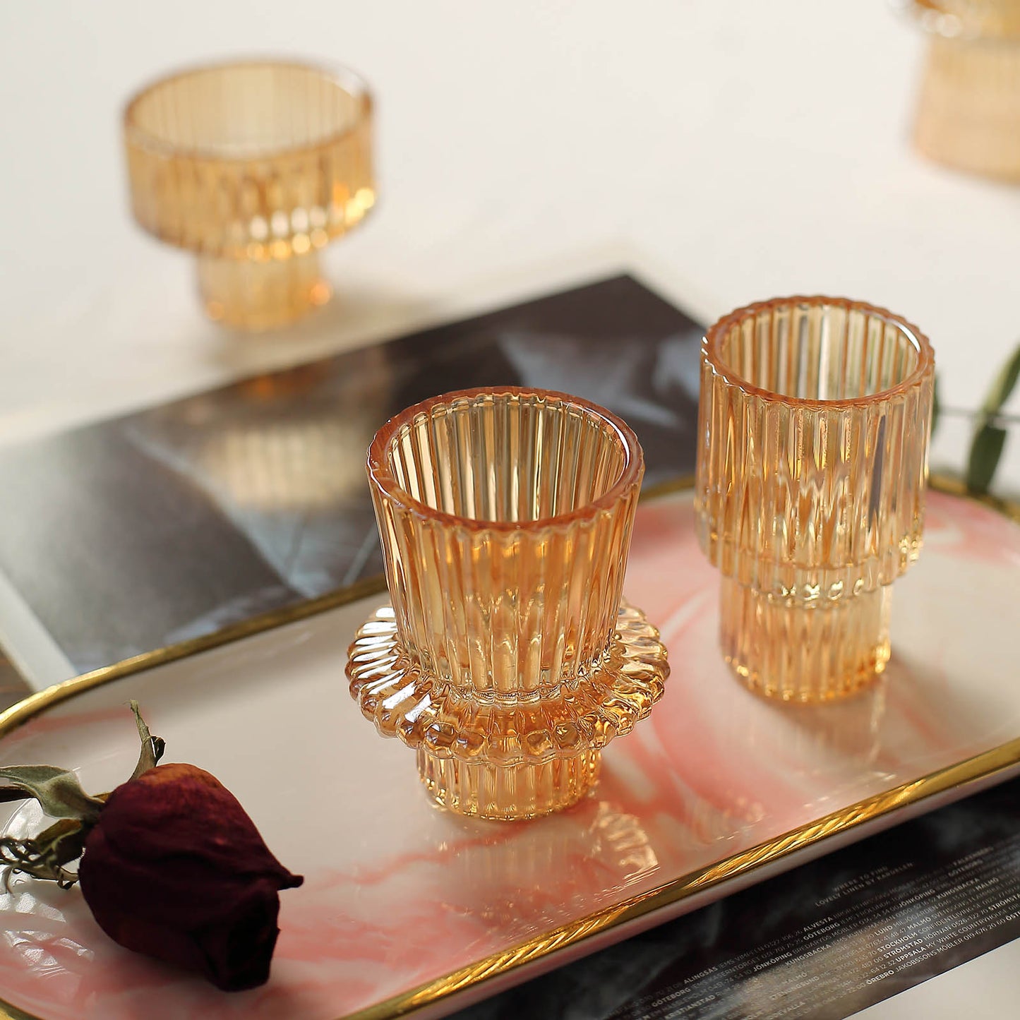 Set of 6 Amber Gold Ribbed Crystal Glass 3" Taper Candle Holders, Reversible Mini Votive Tealight Candle Stands