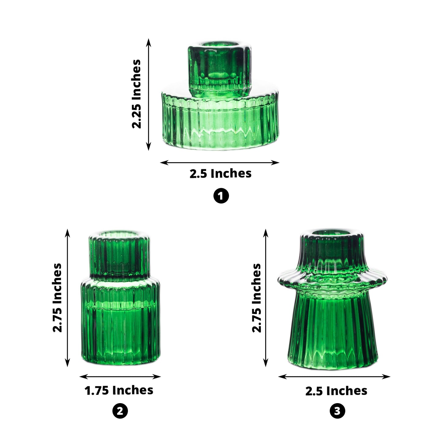 Set of 6 Hunter Emerald Green Ribbed Crystal Glass 3" Taper Candle Holders, Reversible Mini Votive Tealight Candle Stands