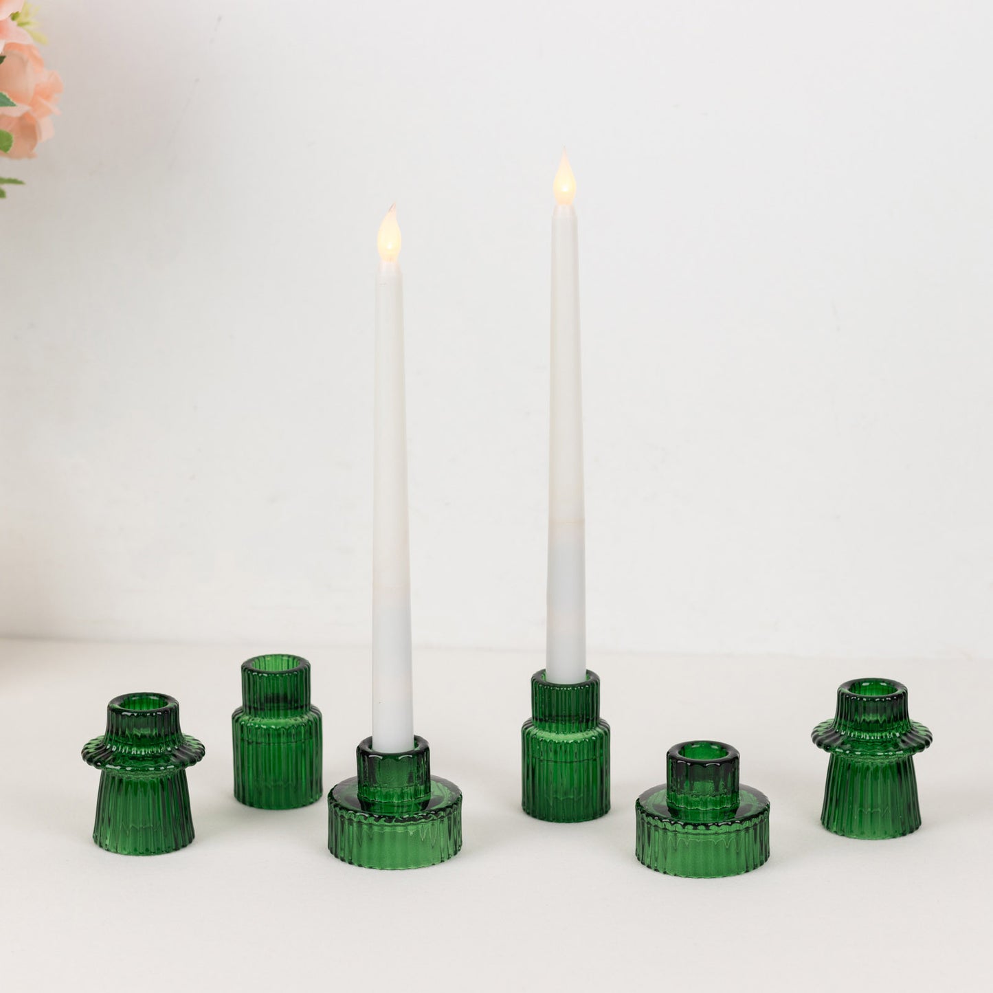Set of 6 Hunter Emerald Green Ribbed Crystal Glass 3" Taper Candle Holders, Reversible Mini Votive Tealight Candle Stands