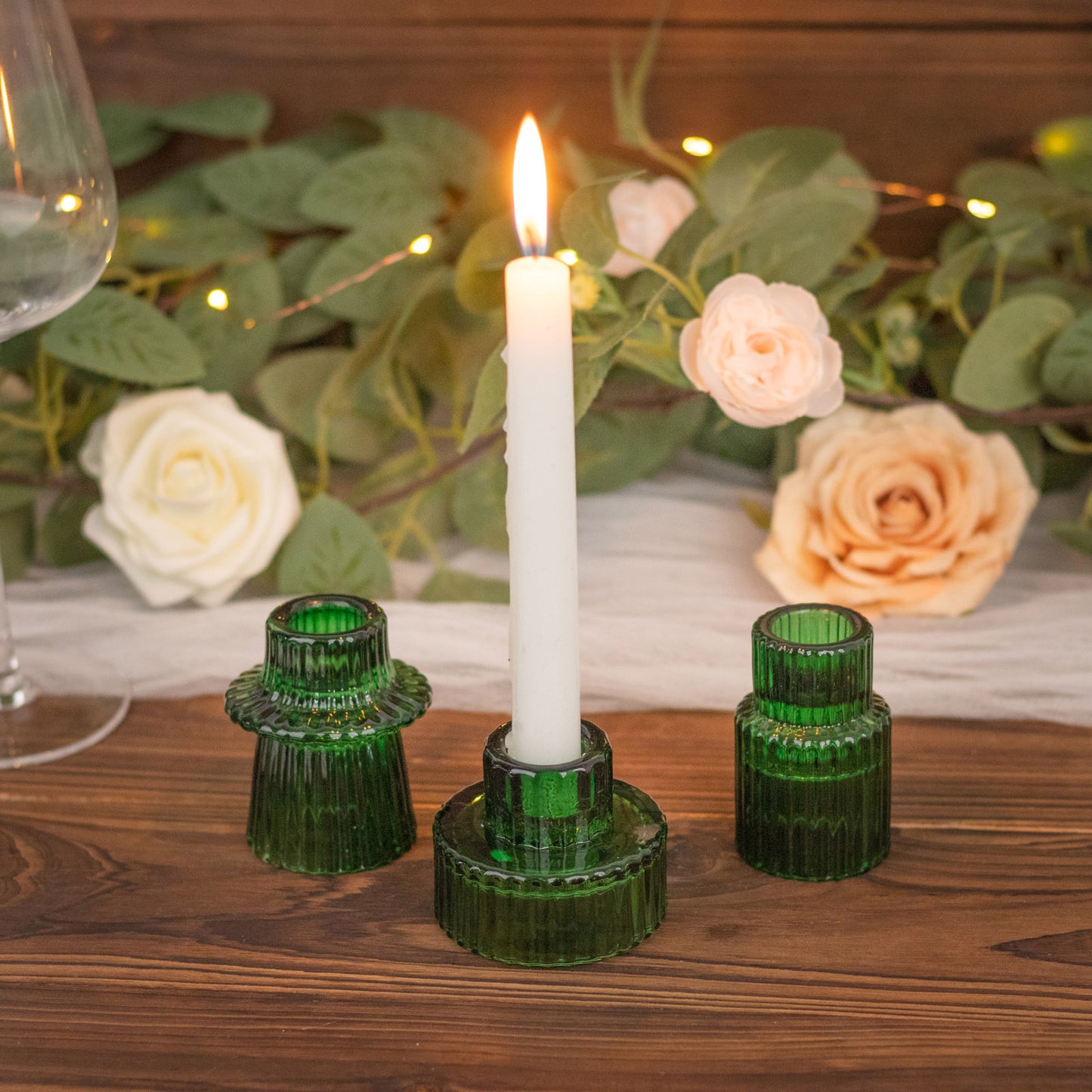 Set of 6 Hunter Emerald Green Ribbed Crystal Glass 3" Taper Candle Holders, Reversible Mini Votive Tealight Candle Stands