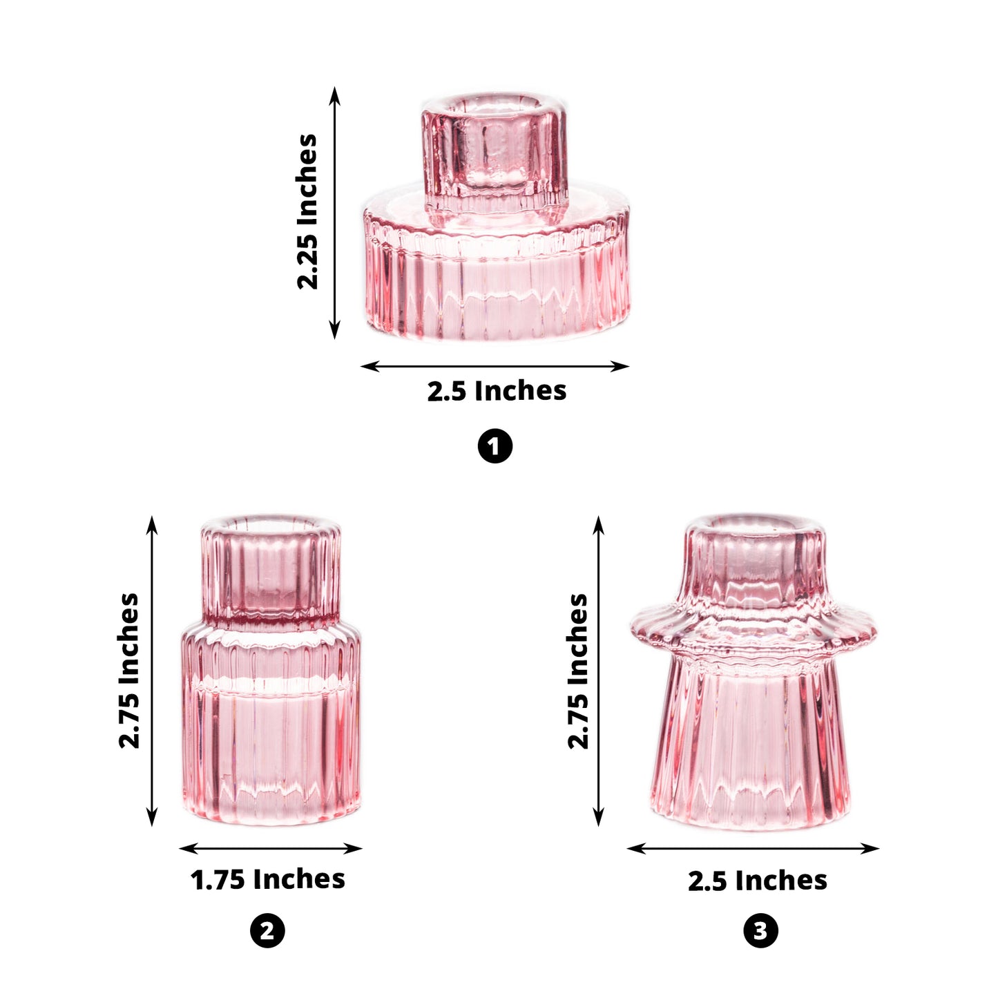 Set of 6 Pink Ribbed Crystal Glass 3" Taper Candle Holders, Reversible Mini Votive Tealight Candle Stands