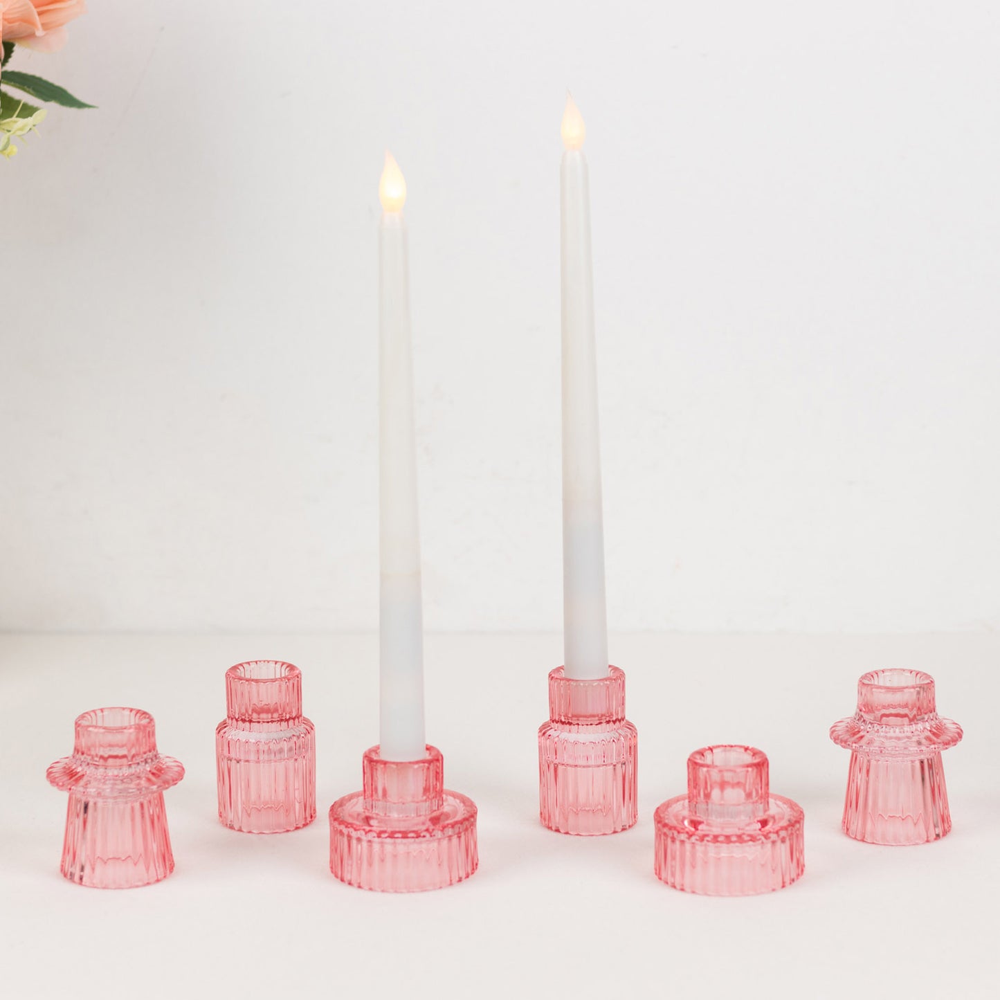 Set of 6 Pink Ribbed Crystal Glass 3" Taper Candle Holders, Reversible Mini Votive Tealight Candle Stands
