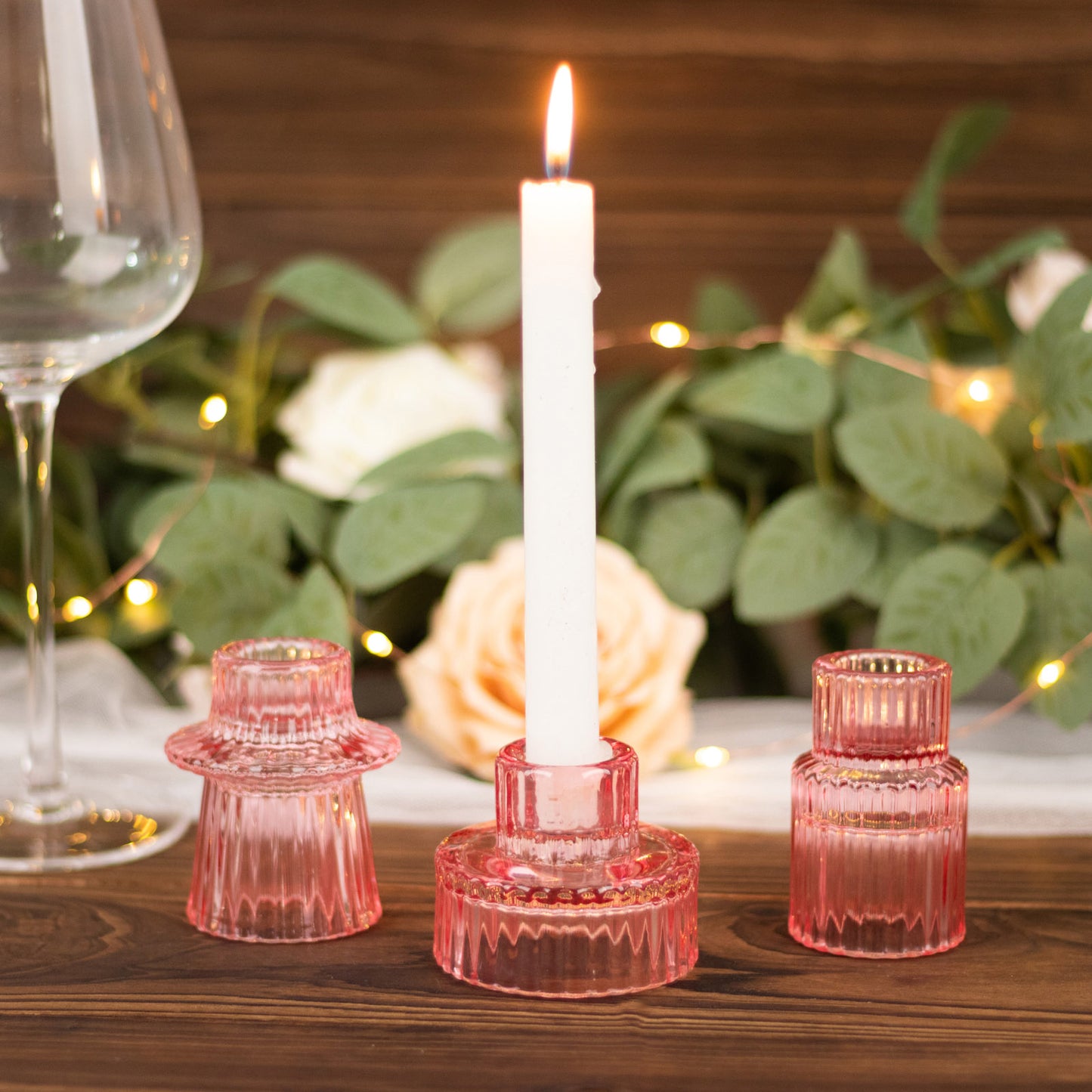 Set of 6 Pink Ribbed Crystal Glass 3" Taper Candle Holders, Reversible Mini Votive Tealight Candle Stands