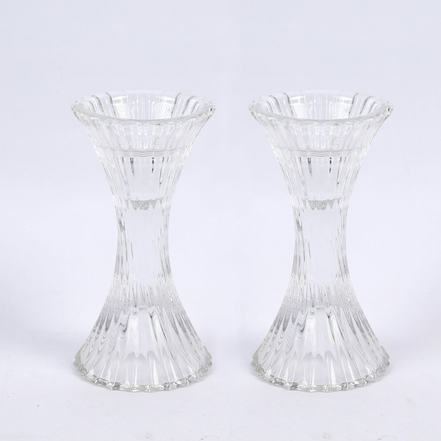 2 Pack | 5" Clear Crystal Hour Glass Taper Candle Holders, Reversible Pillar Candlestick Stands With Diagonal Stripes