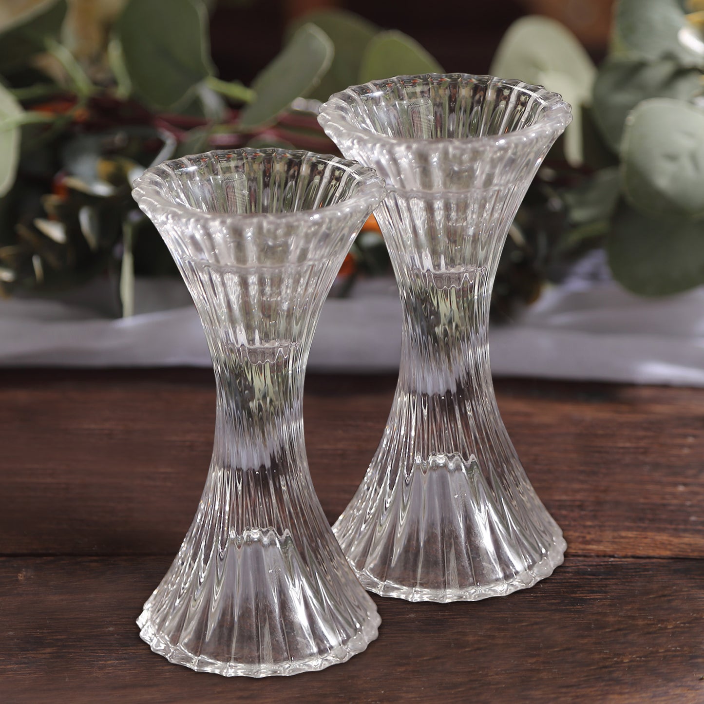 2 Pack | 5" Clear Crystal Hour Glass Taper Candle Holders, Reversible Pillar Candlestick Stands With Diagonal Stripes