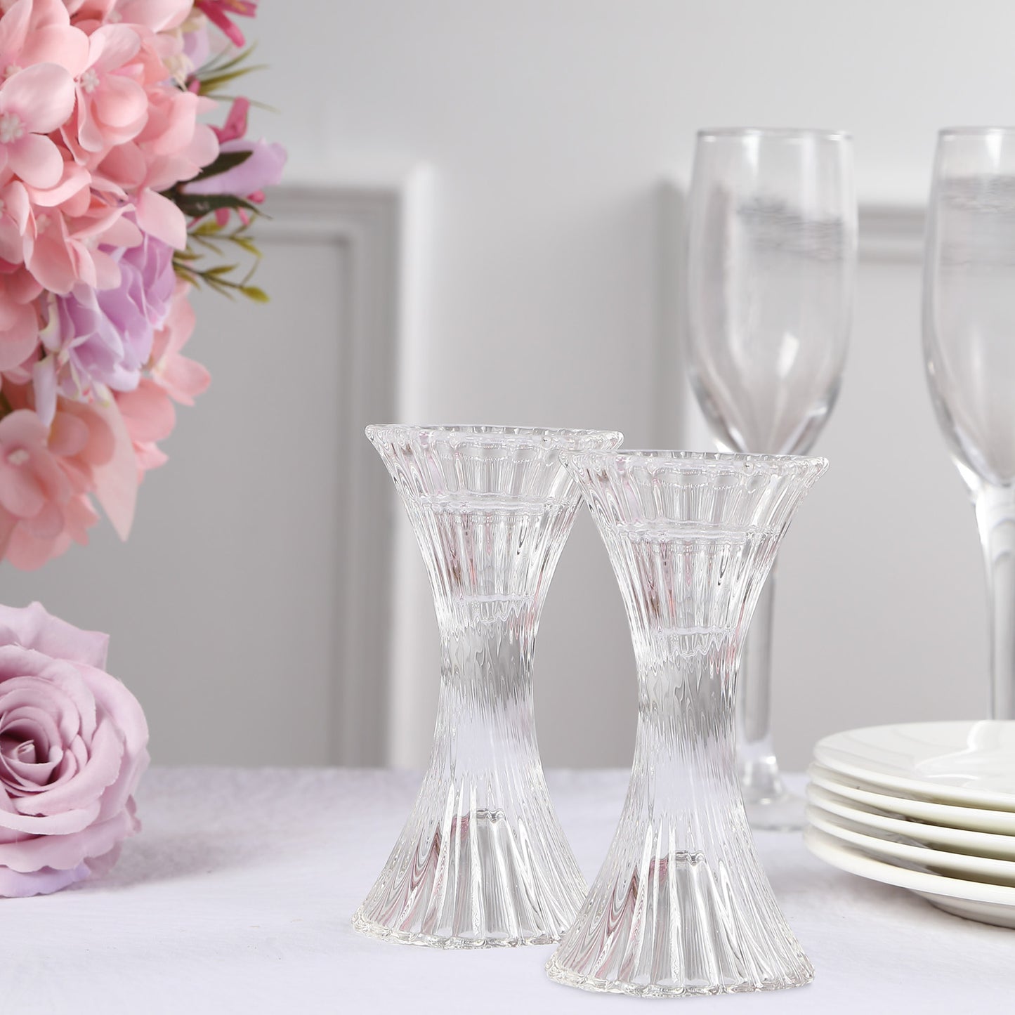 2 Pack | 5" Clear Crystal Hour Glass Taper Candle Holders, Reversible Pillar Candlestick Stands With Diagonal Stripes