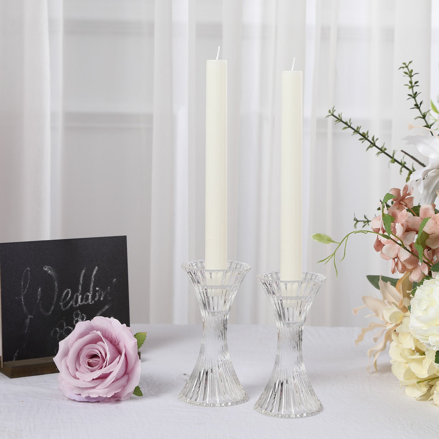 2 Pack | 5" Clear Crystal Hour Glass Taper Candle Holders, Reversible Pillar Candlestick Stands With Diagonal Stripes