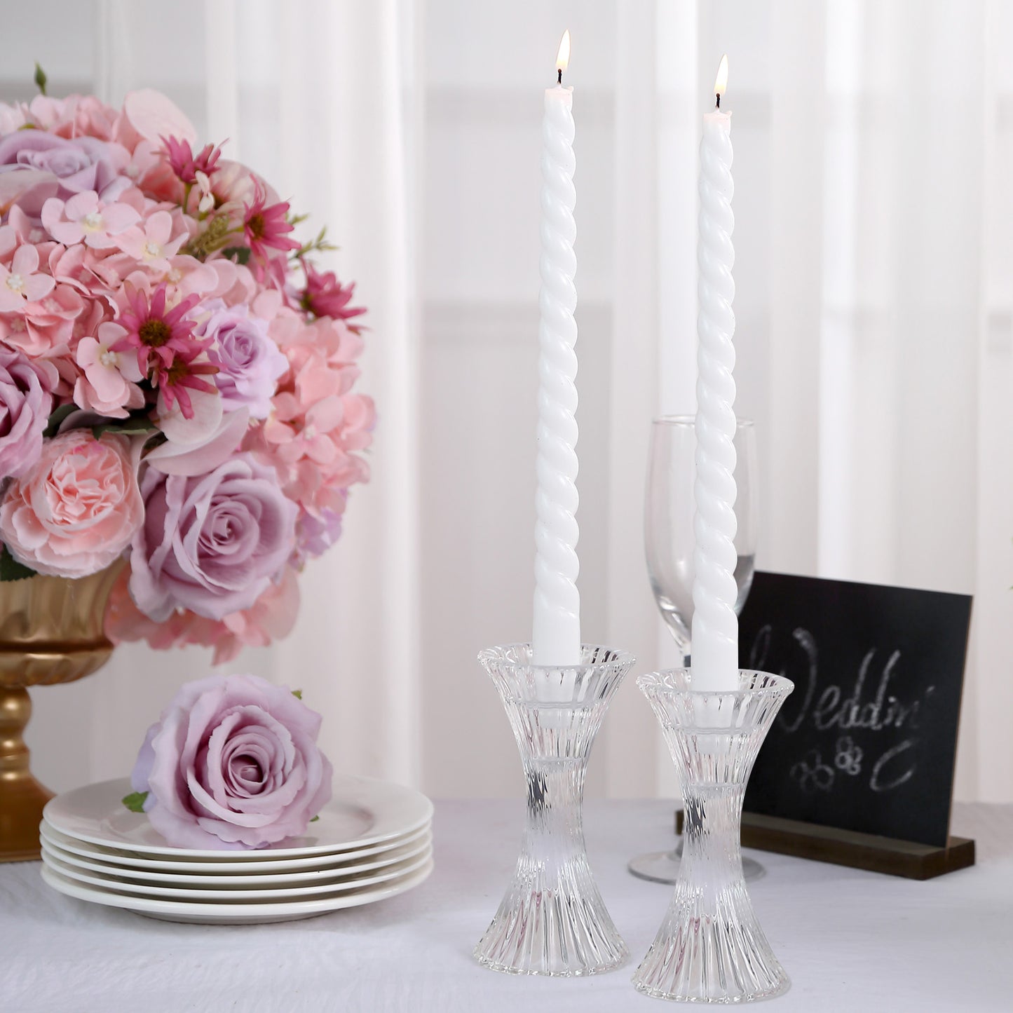 2 Pack | 5" Clear Crystal Hour Glass Taper Candle Holders, Reversible Pillar Candlestick Stands With Diagonal Stripes
