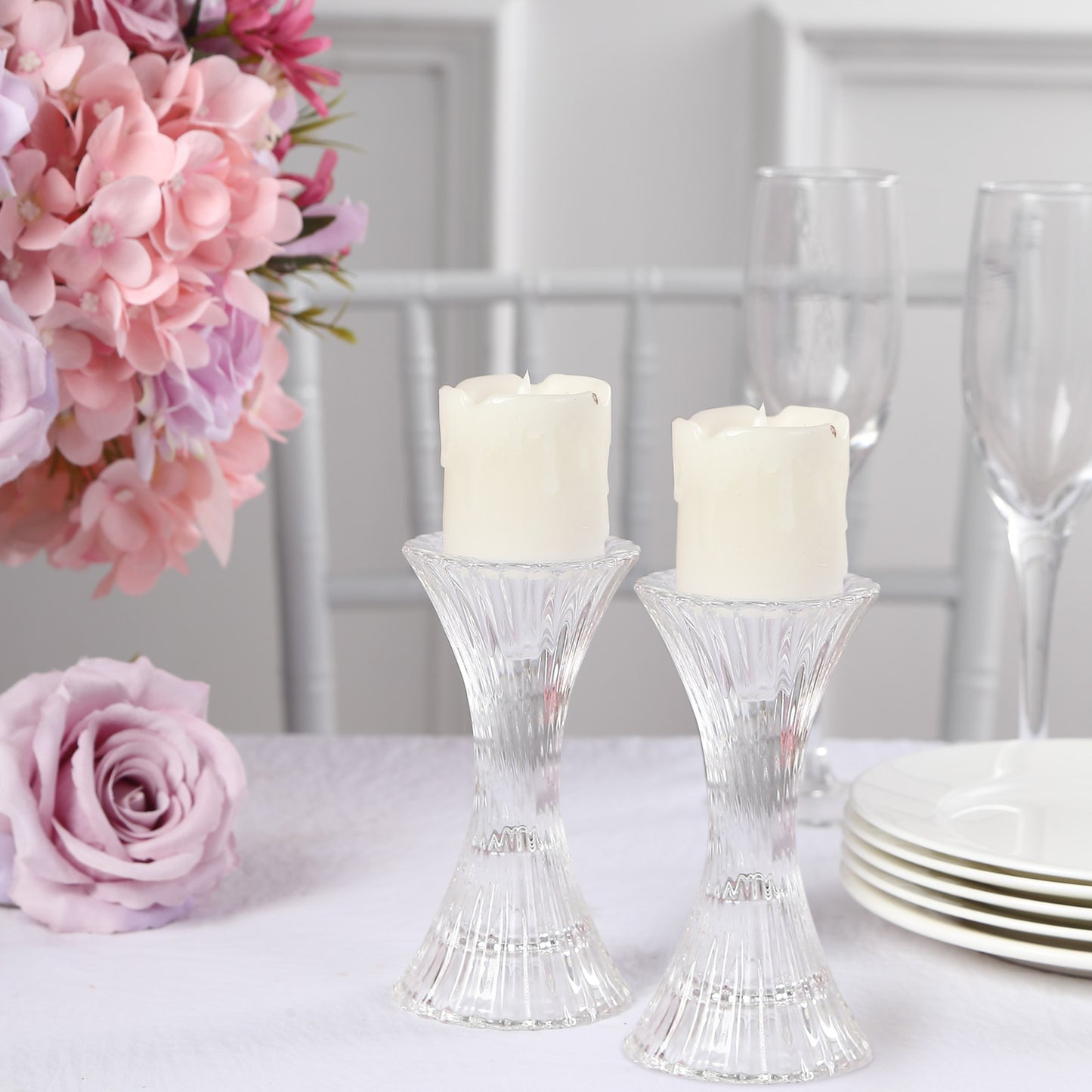2 Pack | 5" Clear Crystal Hour Glass Taper Candle Holders, Reversible Pillar Candlestick Stands With Diagonal Stripes