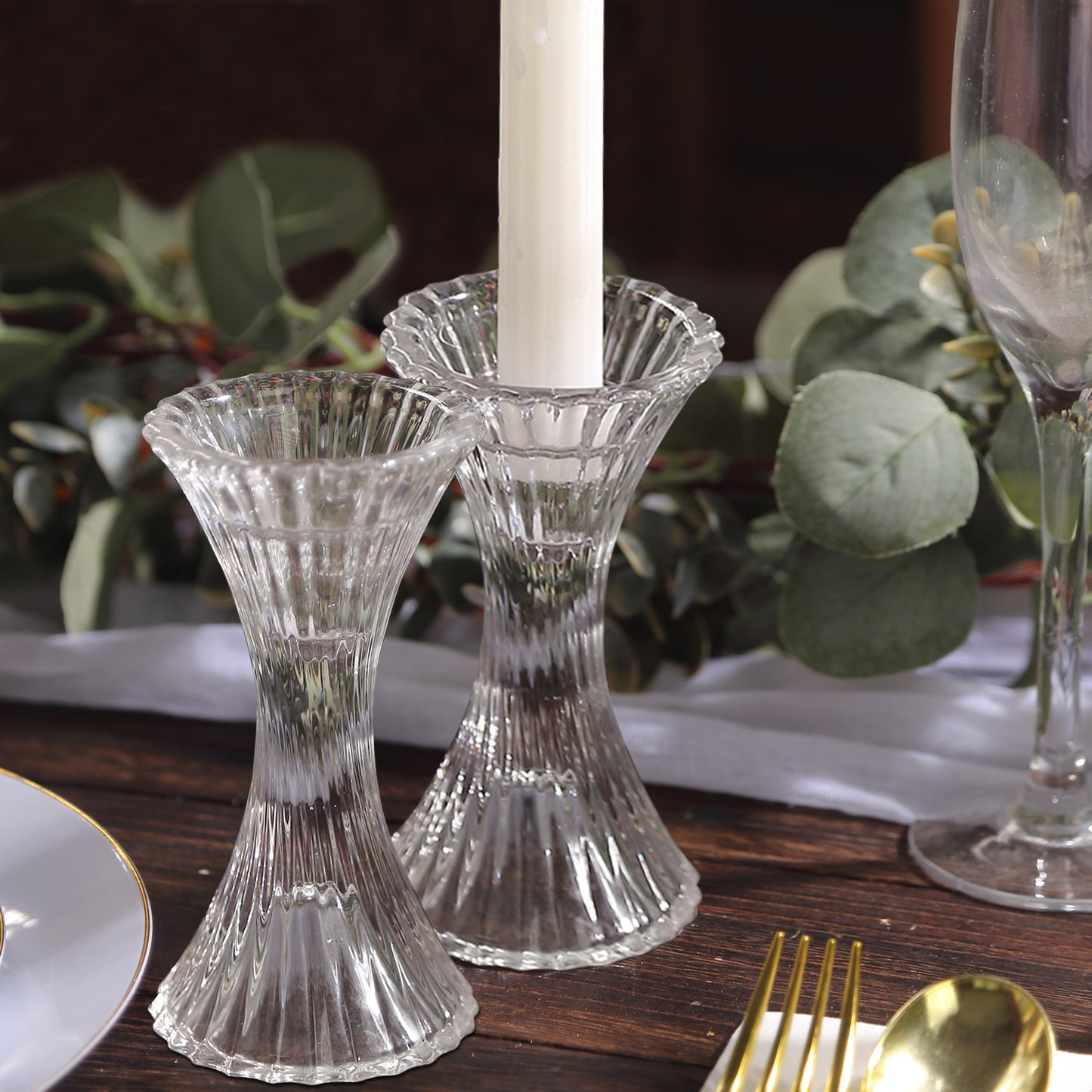 2 Pack | 5" Clear Crystal Hour Glass Taper Candle Holders, Reversible Pillar Candlestick Stands With Diagonal Stripes
