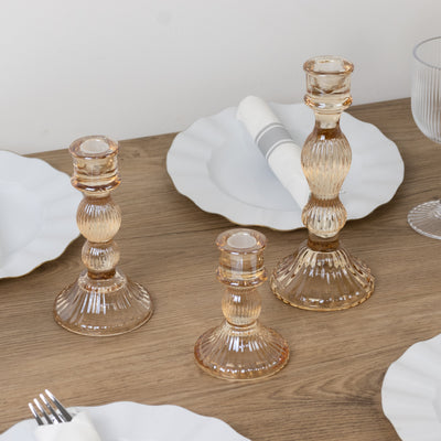 Amber Gold Fluted Glass Taper Candle Holders