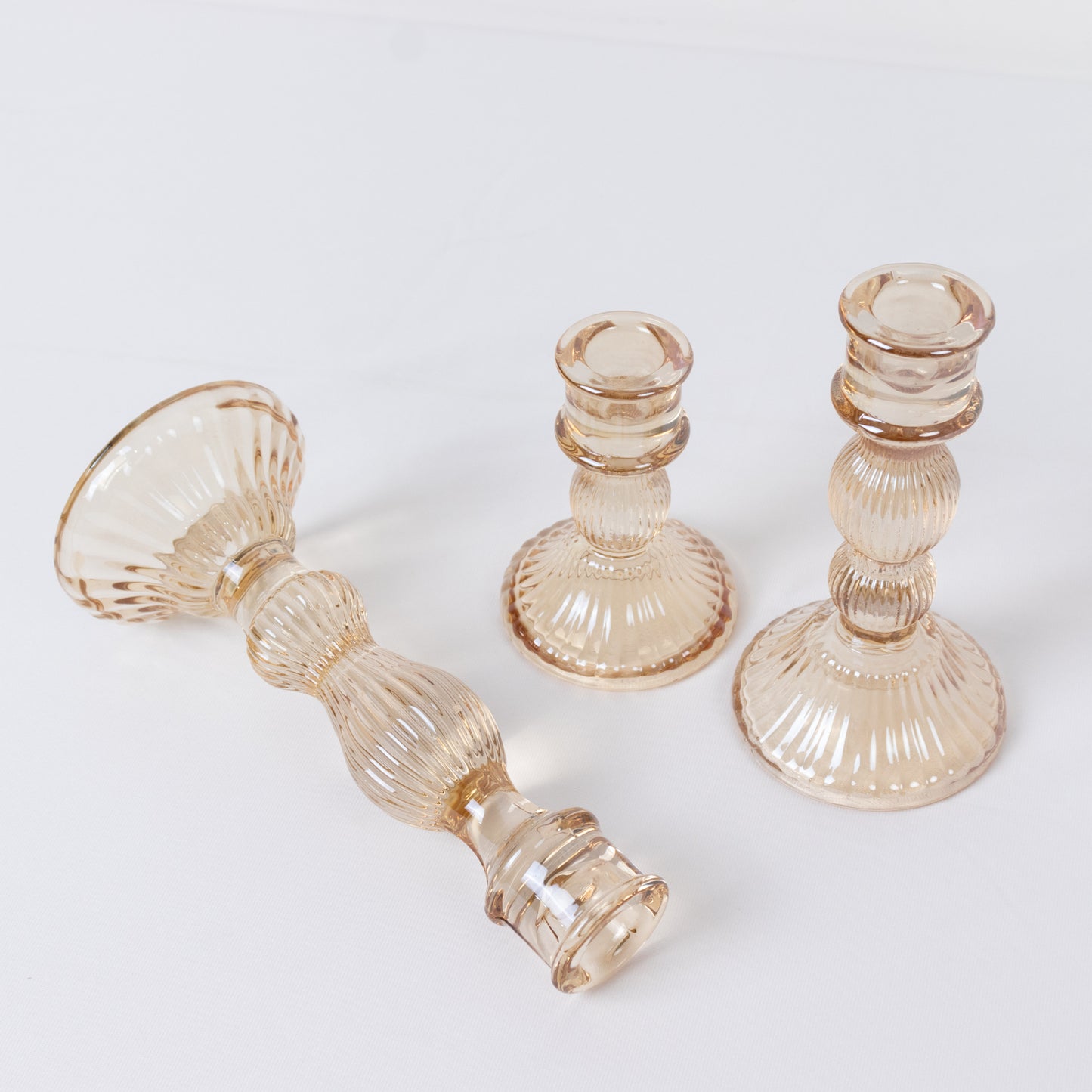 Set of 3 Amber Gold Ribbed Glass Taper Candlestick Holders, Fluted Crystal Candle Stands - 4", 6", 8"