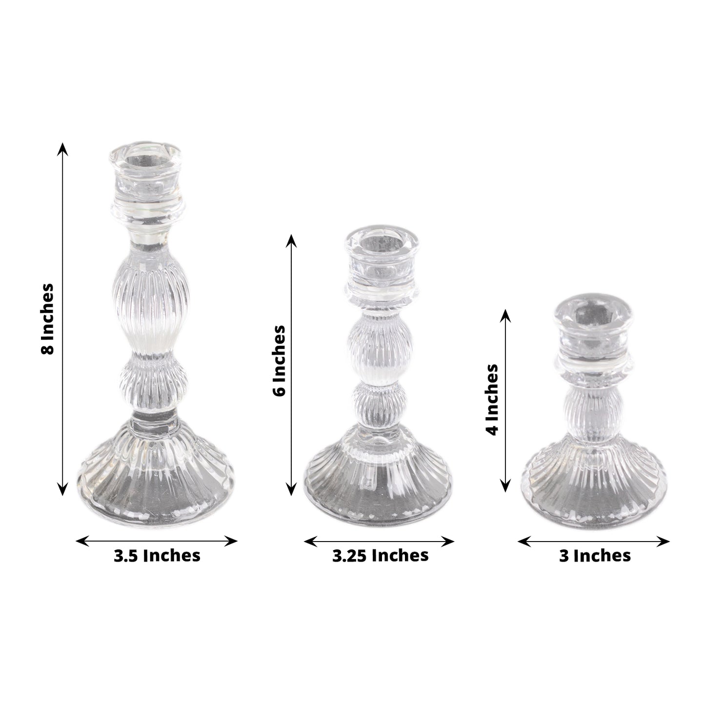 Set of 3 Clear Ribbed Glass Taper Candlestick Holders, Fluted Crystal Candle Stands - 4", 6", 8"